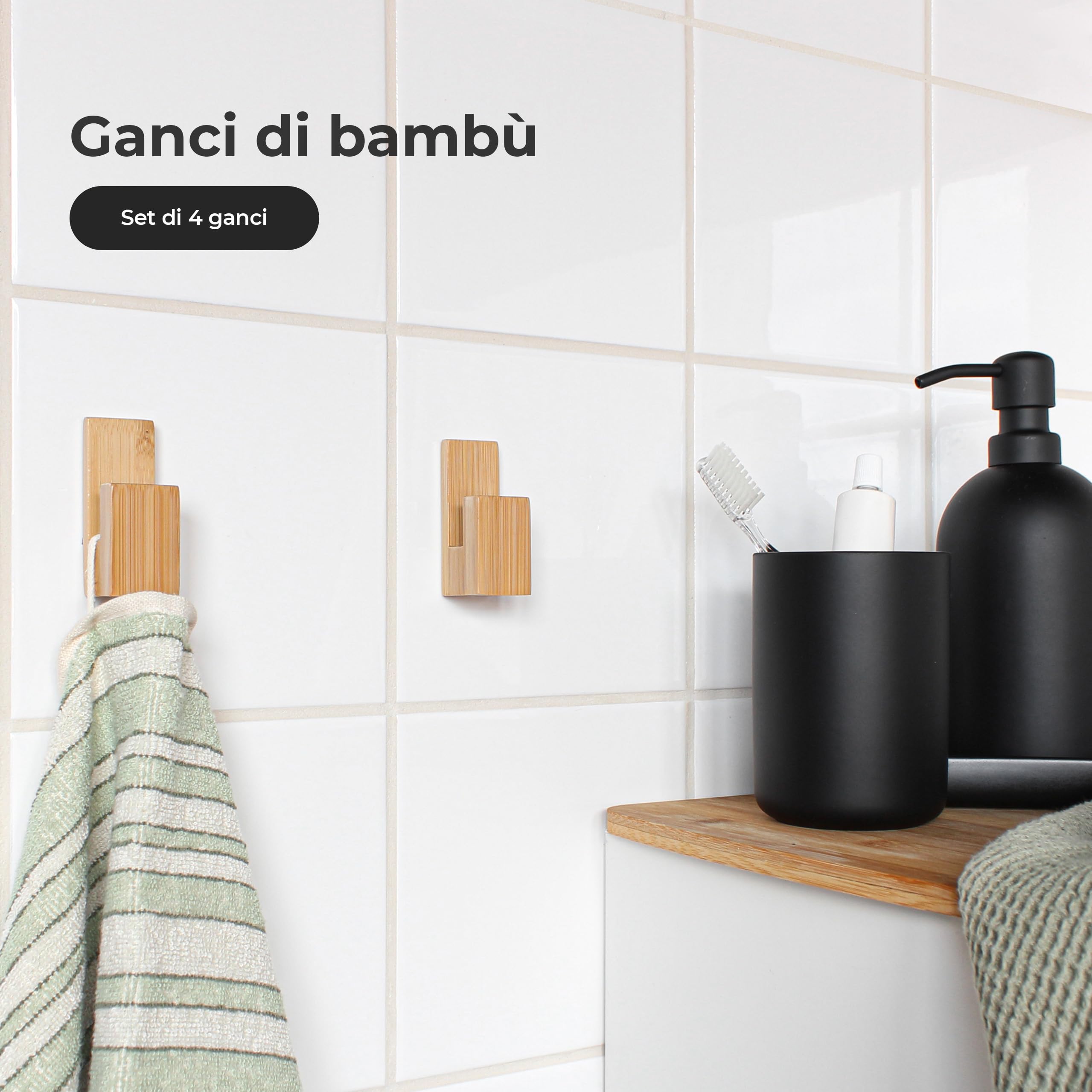 Set 4 Ganci Appendiabiti Adesivi - Appendini e Portaasciugamano da Bagno - Accessori Senza Forare - Appendi Accappatoio - Ganci di Bambù
