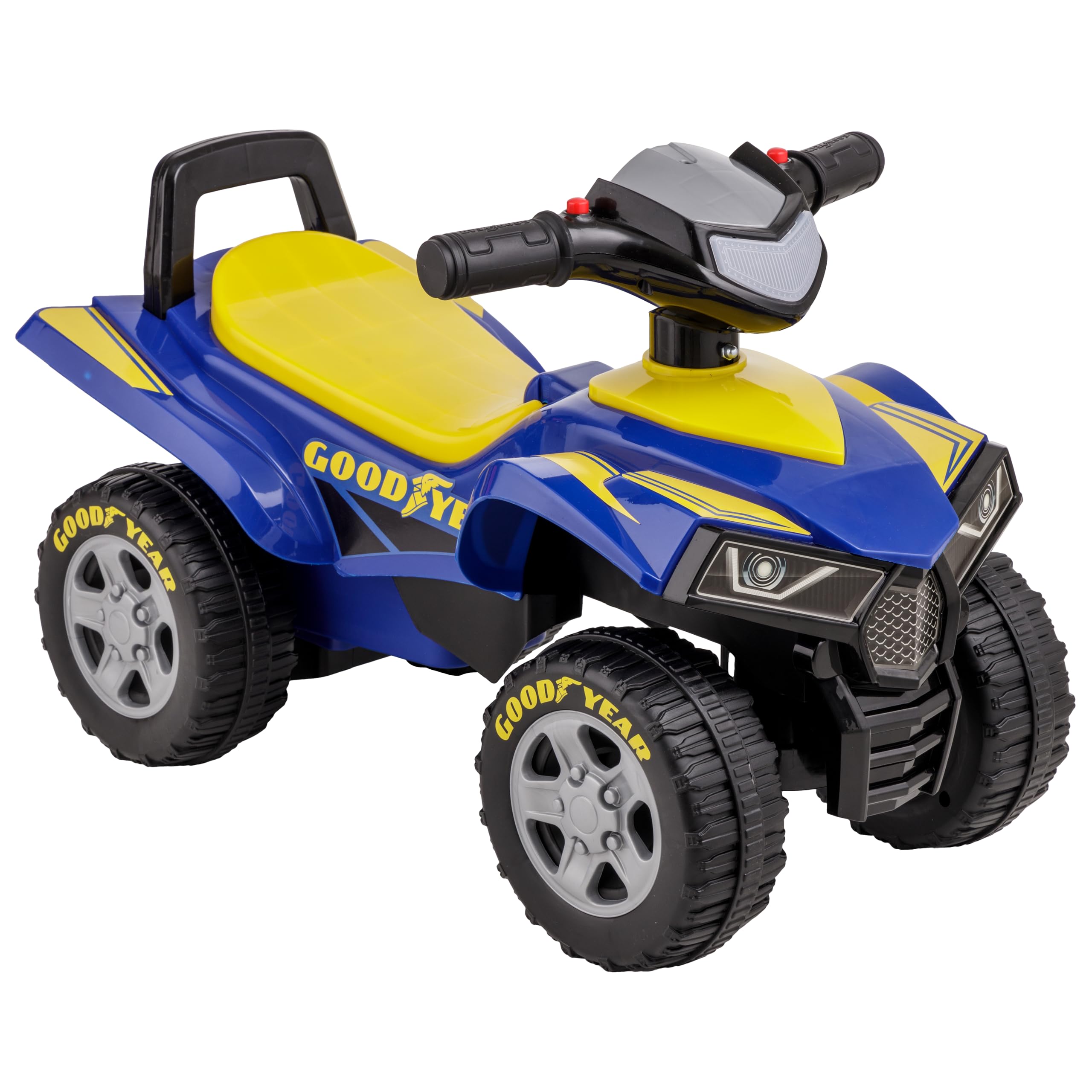 Baroni Toys Quad Giocattolo Cavalcabile per Bambini 18-36 Mesi con con Licenza GOODYEAR, Vano Portaoggetti, Suoni Realistici e Fari LED, Dispositivo Antiribaltamento, 38x60x42 cm