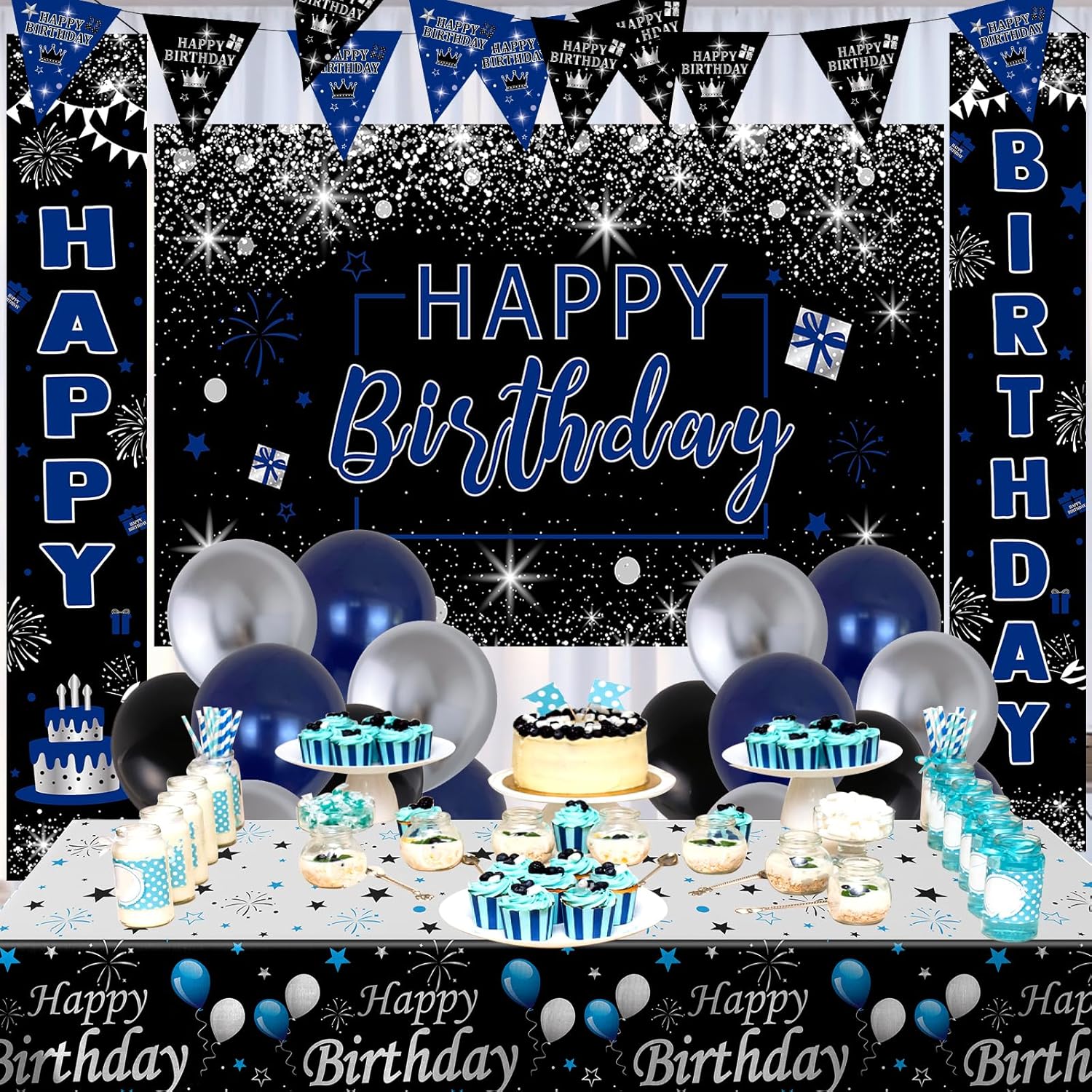 Black and Blue Birthday Decorations, 37 PCS Blue Silver Party Decorations for Boys Men Women Girls, Balloon Supplies with Happy Birthday Backdrop Banner Tablecloth Confetti Balloons Arch - Image 7