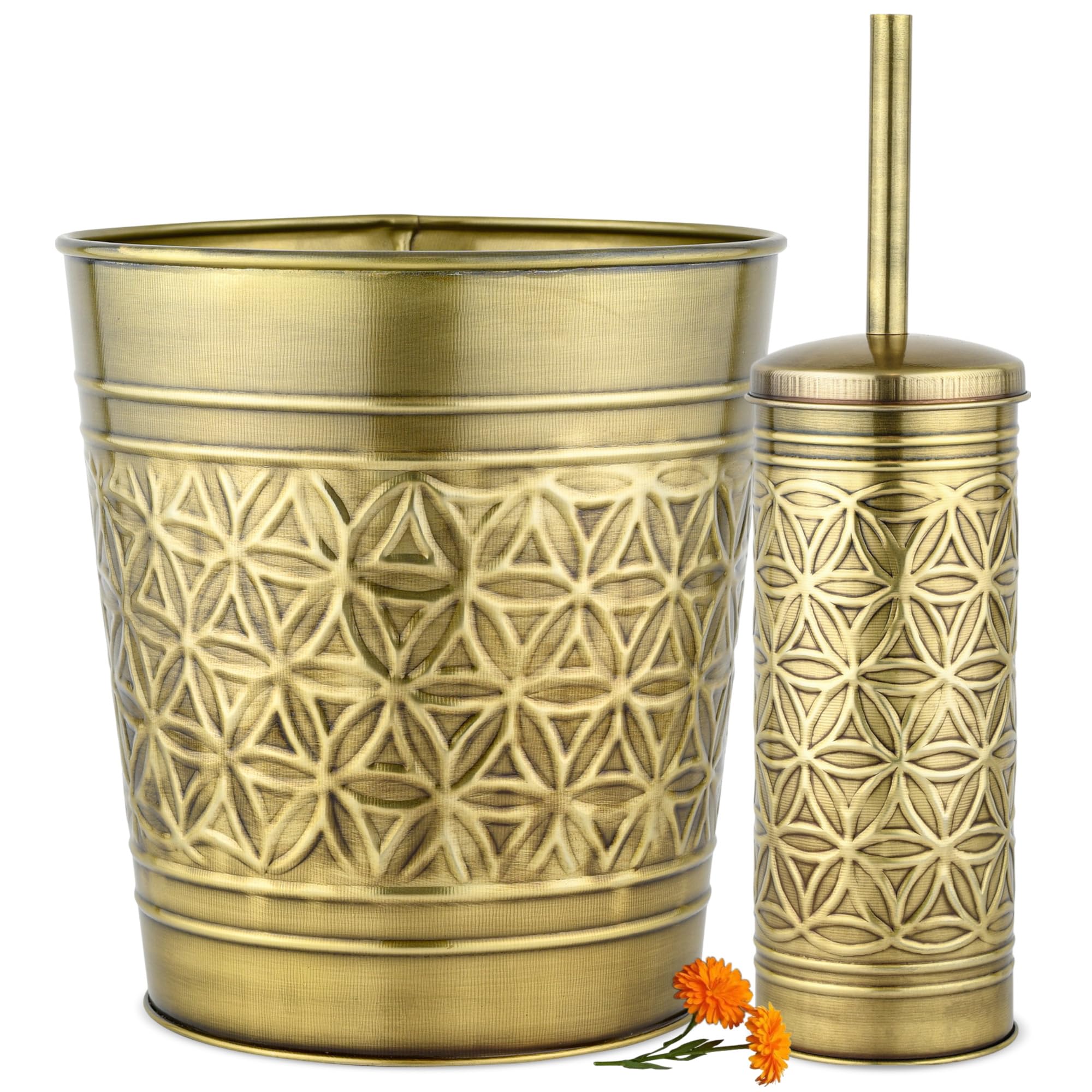 Autumn Alley Toilet Brush and Holder Set with Brushed Brass Bathroom Trash Can – Brass Bathroom Accessories Garbage Can Set for Rustic and Modern Bathroom Décor
