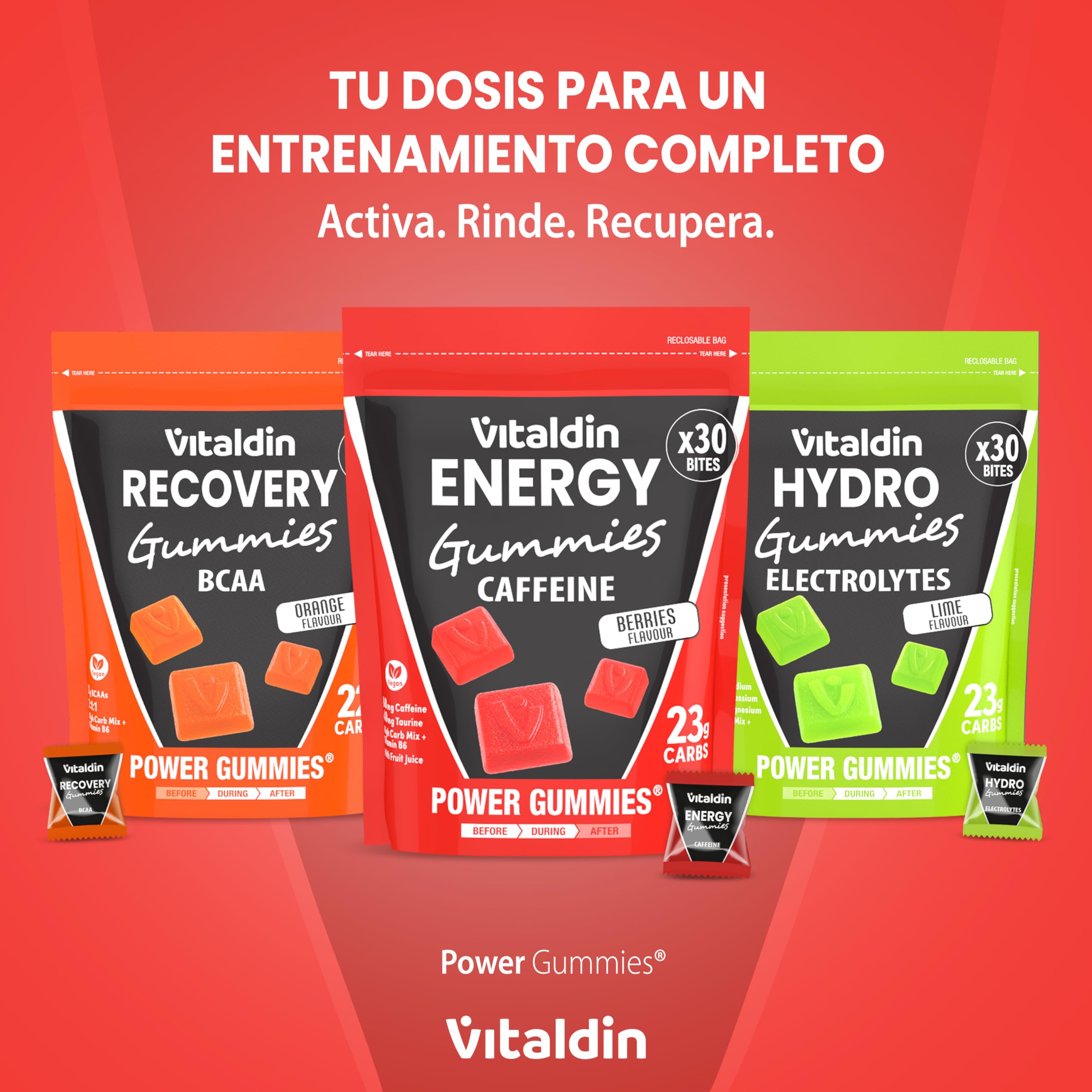 VITALDIN SPORT Power Gummies Caffeine & Taurine – 80 mg Cafeína, 40 mg Taurina por serving + Vitamina B6 – Doypack de 30 Bites de gominola – Sabor frutos rojos – Vegano