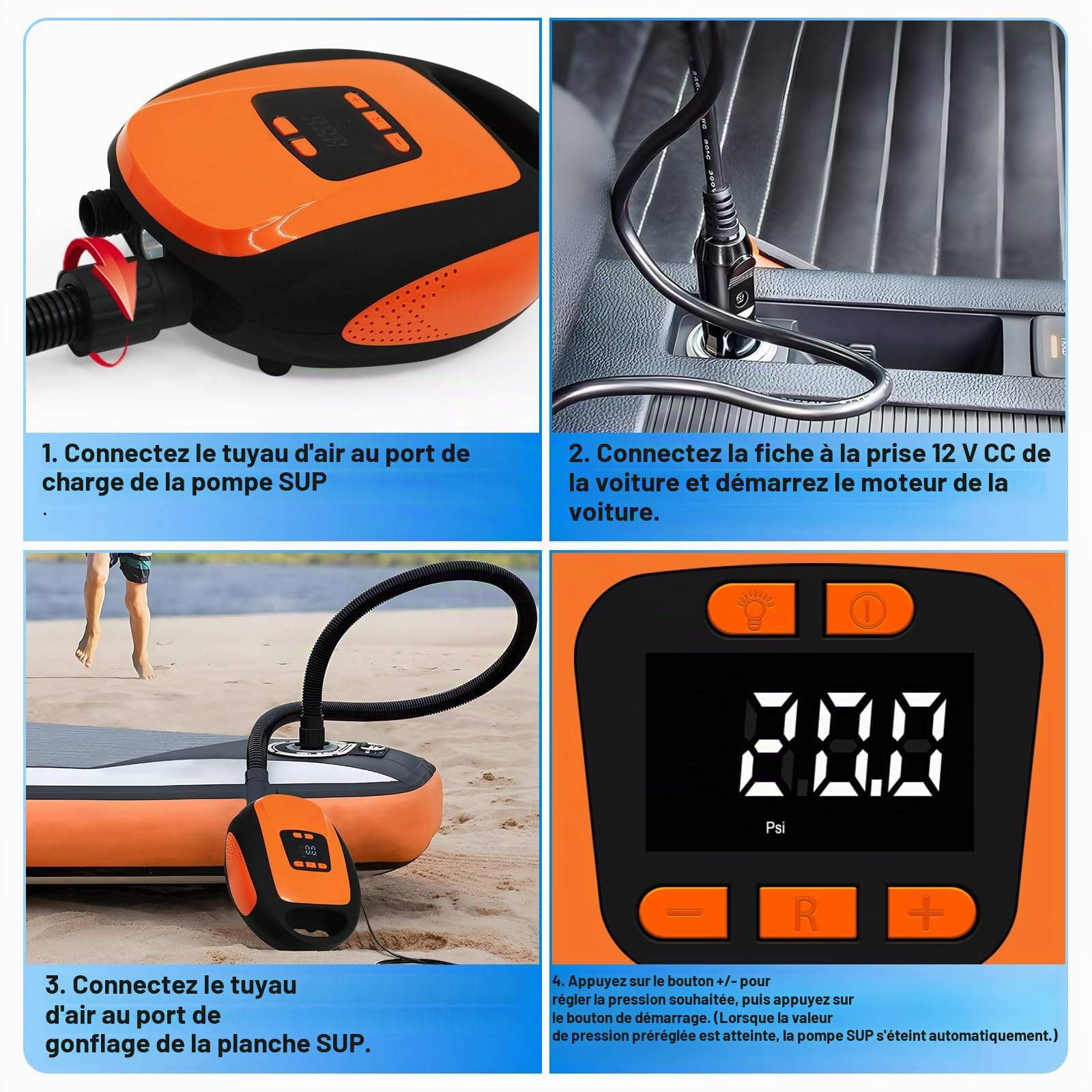 Pompe électrique SUP 20 psi pour bateau gonflable, avec fonction d'arrêt automatique intelligente à deux niveaux, pompe à air électrique SUP pour planche à pagaie, SUP gonflable et bateau (orange type