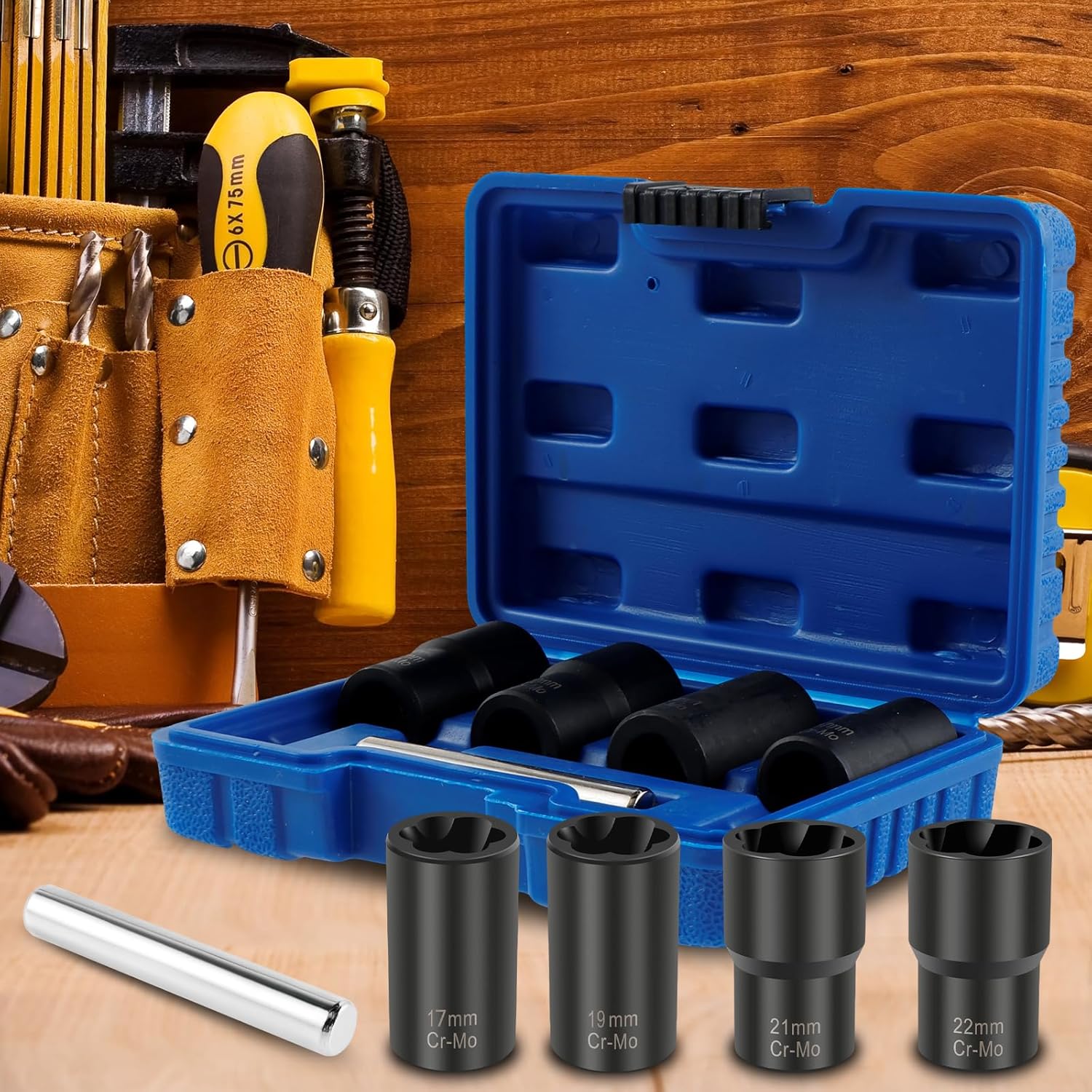 5pcs Damaged Screw Extraction Set Broken Bolt and Nut Remover Kit with Rod 17/19/22/22mm Screw Extraction Base Wheel Nut Removal Flow for Rusted Screws