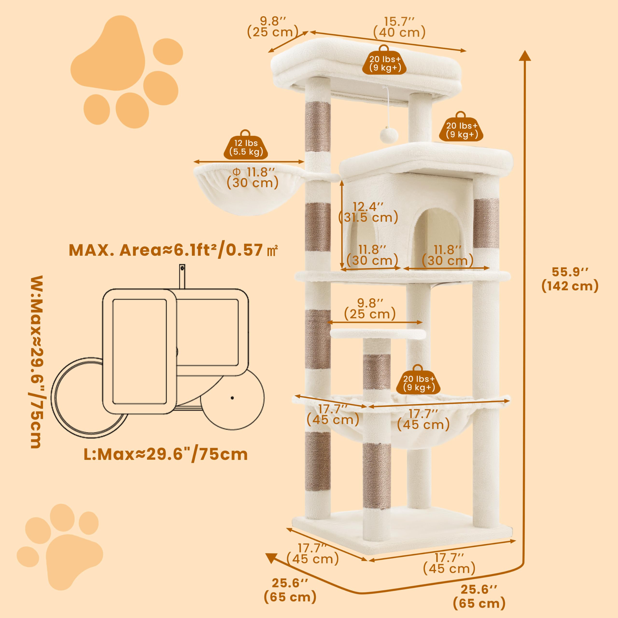 Heybly Albero Tiragraffi 142 cm Gatti Grandi, Torre Scalata Facile HCT028MJ | Amaca XL In Peluche, Cuccia Privata, Cesta Orientabile, Sisal Naturale, Base Stabile, Riposo E Gioco In Casa, Beige