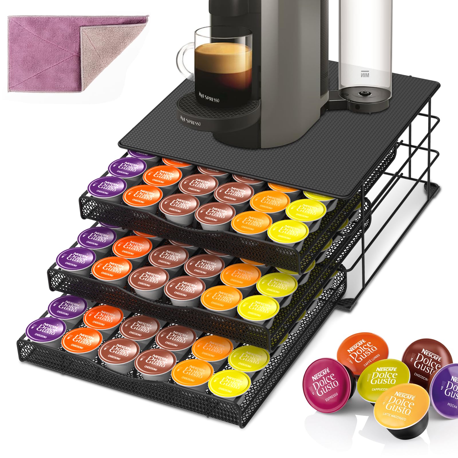 Masthome Porte-Capsules Dolce Gusto 108 Dosettes – Tiroir 3 Niveaux Métallique, Surface Anti-Vibration, Rangement Café Pratique Et Élégant