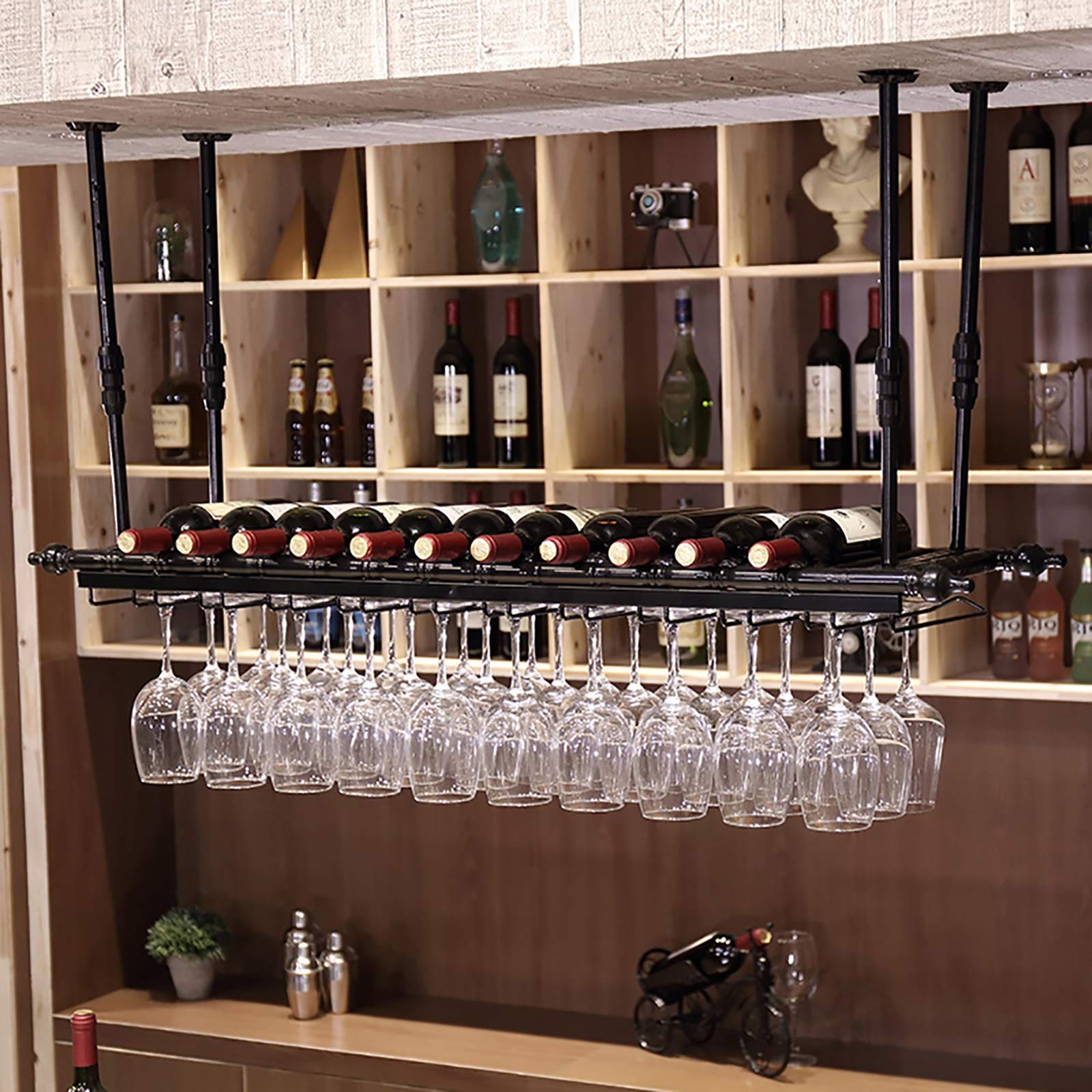Porte-bouteilles de vin de type plafond ajustable avec porte-verres à vin suspendus en métal
