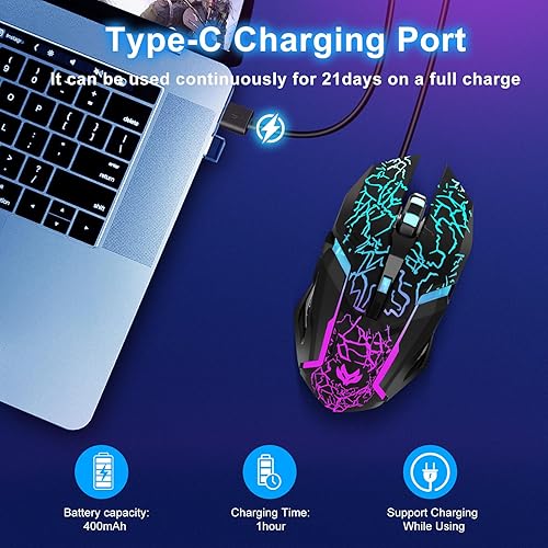 Miniatura 4 de Mouse inalámbrico para juegos, mouse inalámbrico recargable con carga rápida tipo C, mouse ergonómico con 3 DPI ajustables, 6 botones silenciosos,