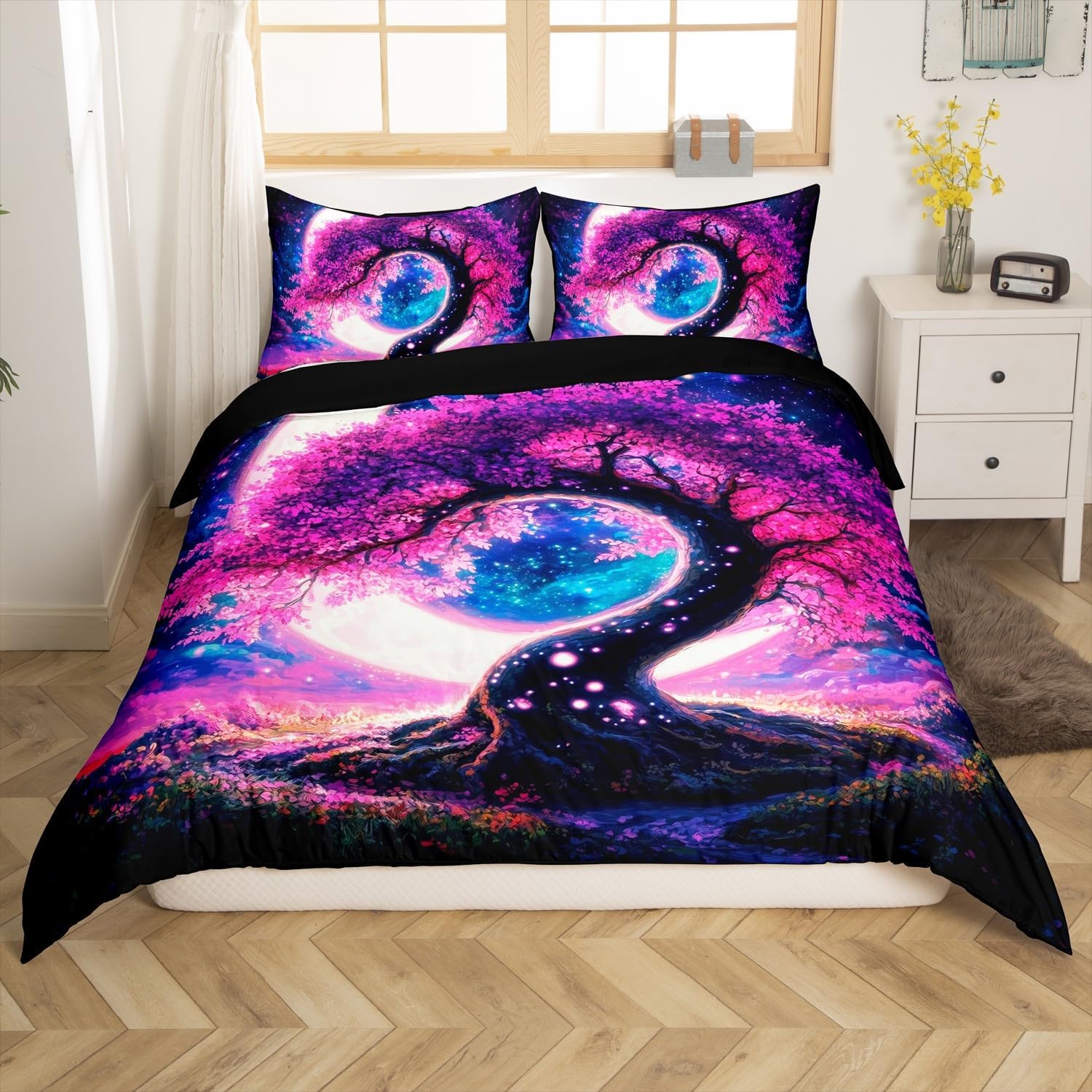 Starry Moon Sky Bedding Set Tree of Life Bedding Duvet Cover Kids Teens Boho Style Galaxy Tree Comforter Cover Purple Black White Bedspread Cover Bedroom Quilt Cover 2Pcs Toddler,No Comforter