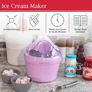 Ice Cream Maker - 1QT Ice Cream Machine for Sorbet, Gelato, Frozen Yogurt and More - Kitchen Appliances and Gadgets by Classic Cuisine (Pink)