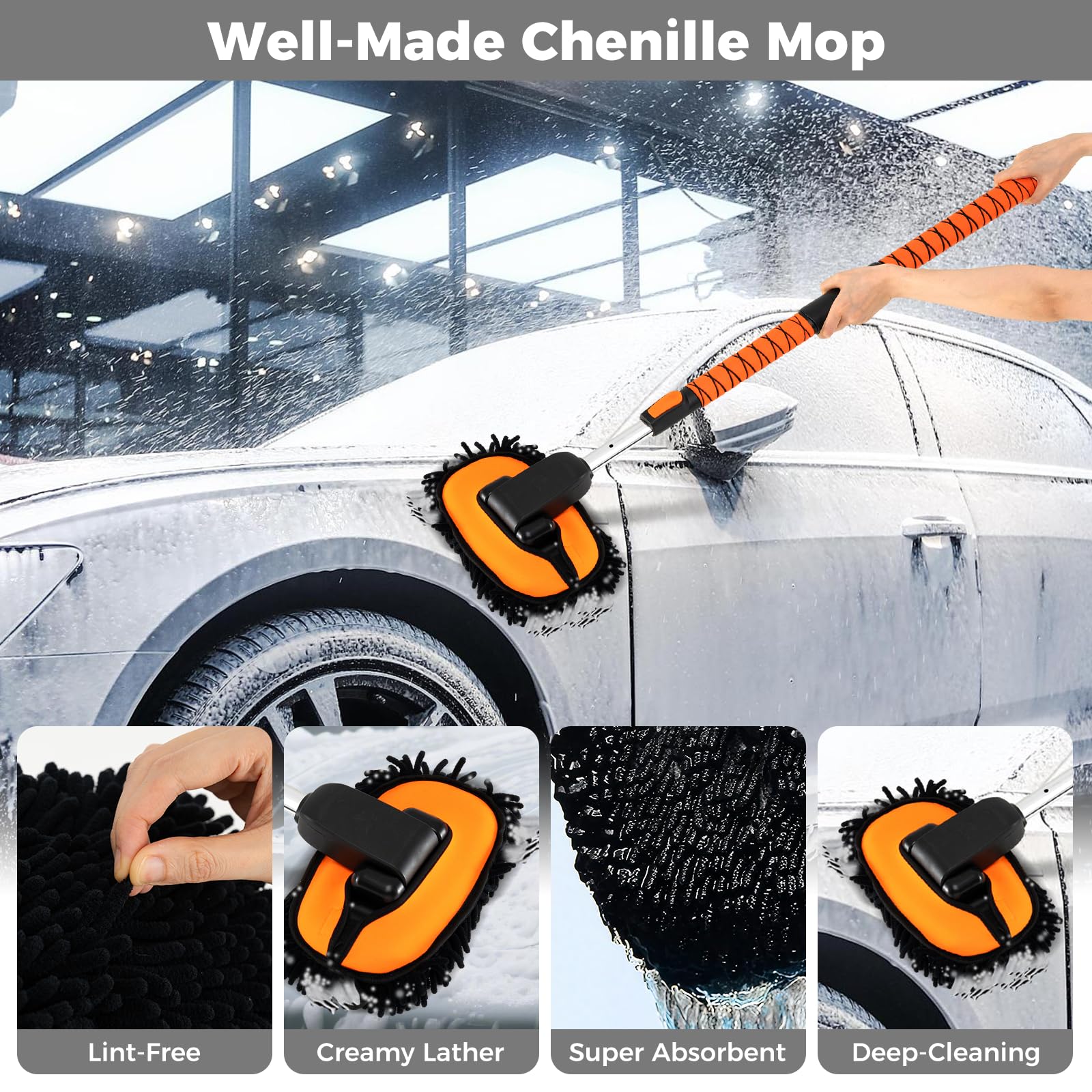 Cepillo de Lavado de Coche de 52 Pulgadas con Mango Largo, Kit de