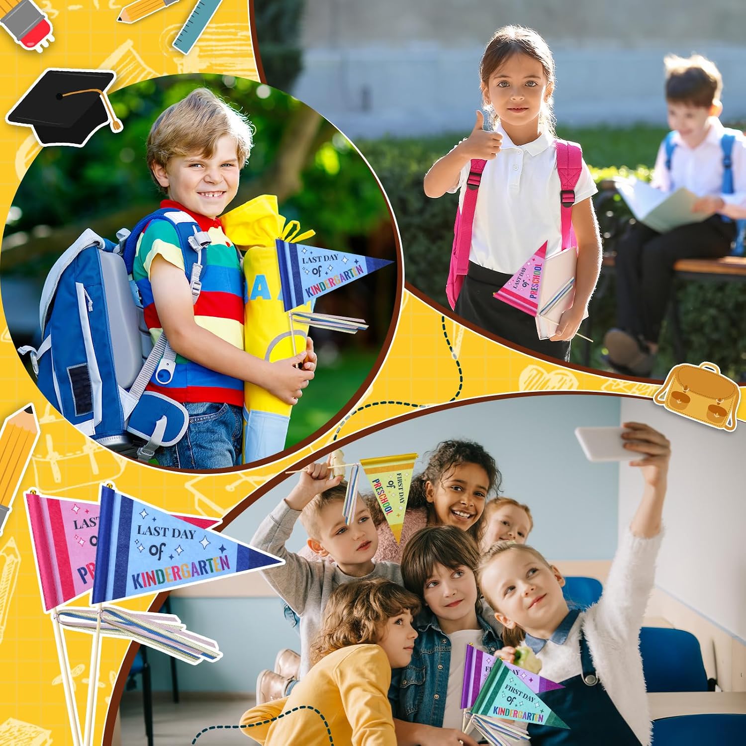 Breling 5 Pcs Preschool First Day of School Felt Pennant Flags Set DIY Pennant Kindergarten Last Day Banner Flags Handheld Decorative Sign with Wooden Stick & Ribbons for School(Preschool)