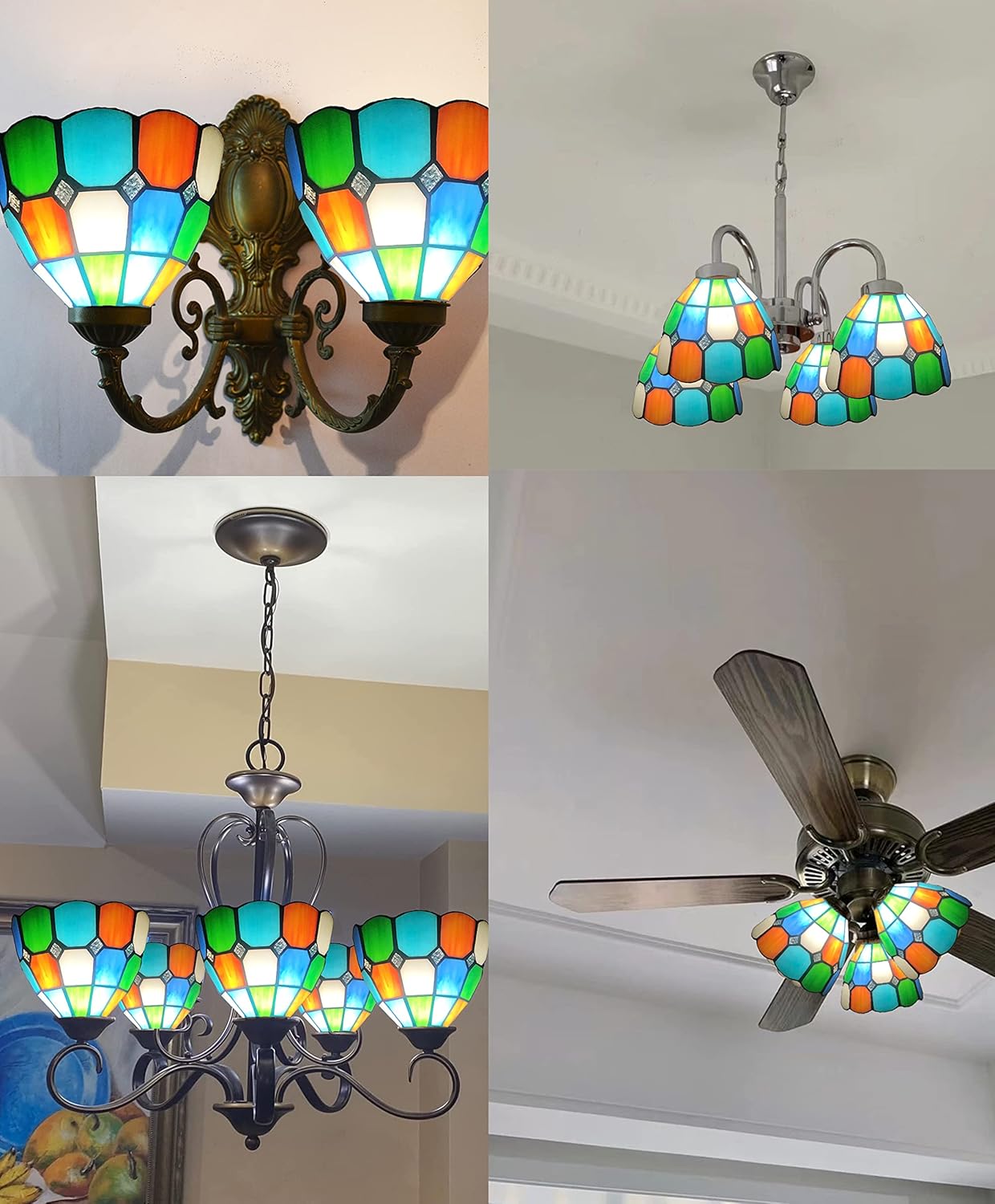 HUIMEIJU Multicolored Stained Glass Lampshade, 2-Piece Set - Fan Shaped, Tiffany Style Replacement