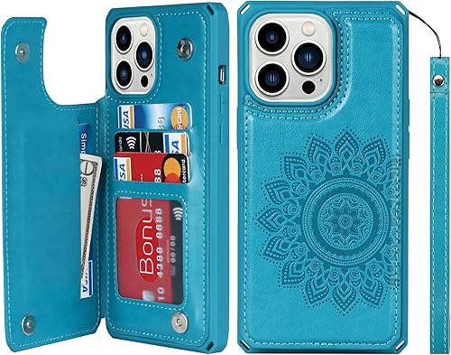 iCoverCase Funda compatible con iPhone 13 Pro Max con tarjetero para mujer, bloqueo RFID en relieve de piel sintética con correa de muñeca de 6.7