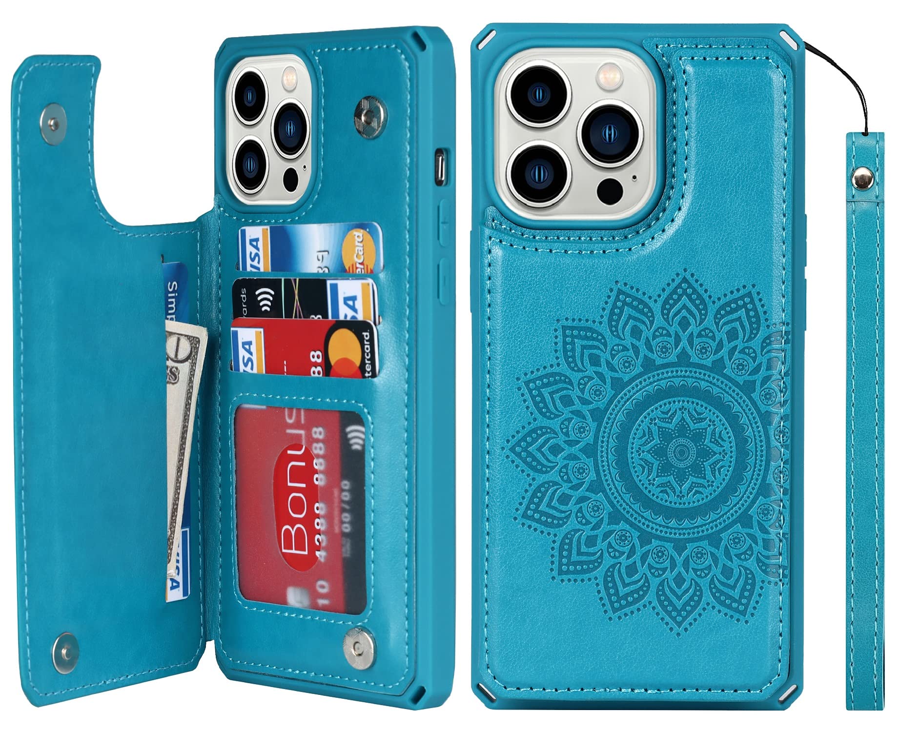 iCoverCase Compatible with iPhone 13 Pro Max Wallet Phone Case with Card Holder for Women, RFID Blocking Embossed PU Leather Wrist Strap Case 6.7 Inch