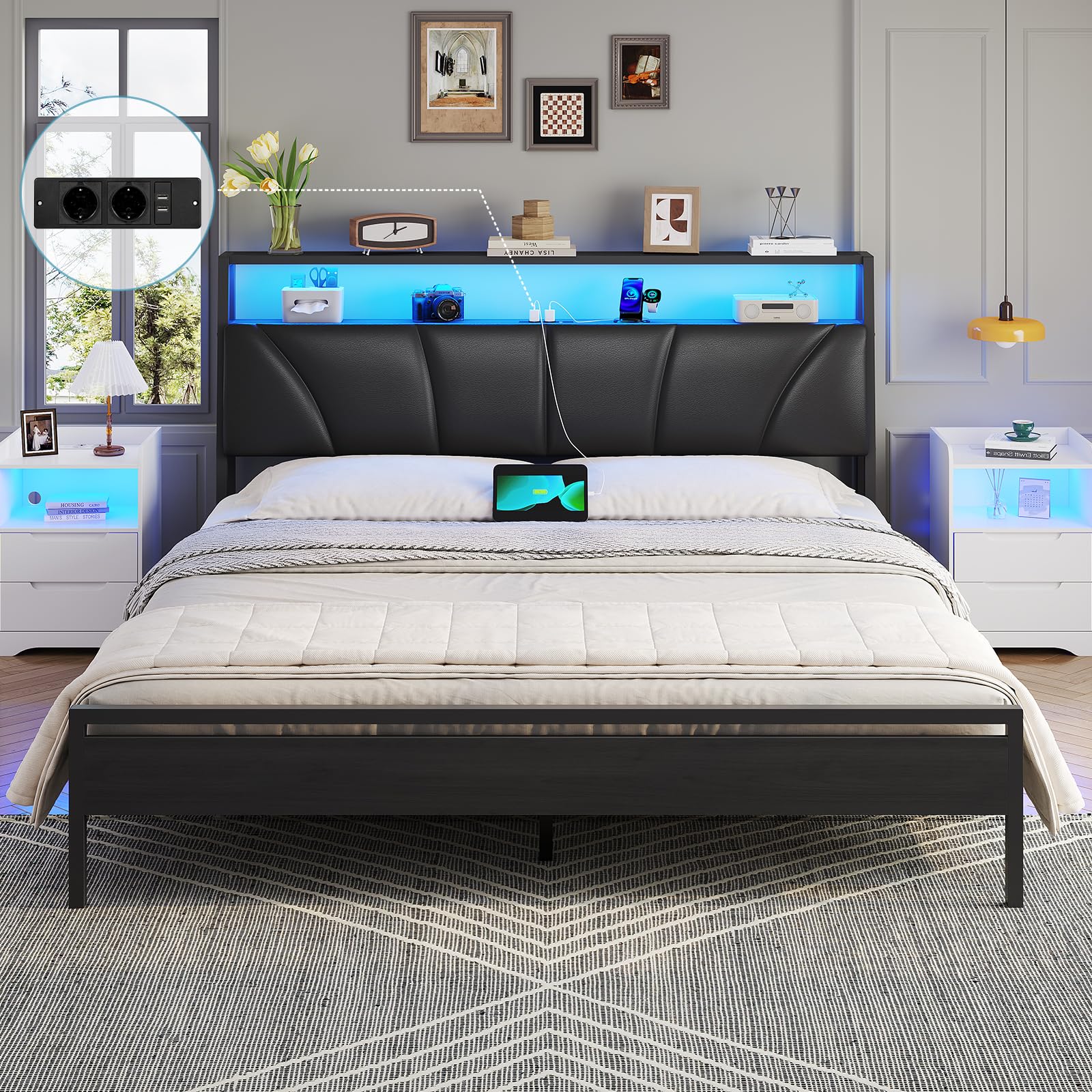 Brinlawb Letto Imbottito 160x200 cm, Struttura letto con Luce LED e Stazione di Ricarica (2 Prese CA 2 Porte USB) Letto Matrimoniale con testiera e pediera, Facile da montare, Moderno, Nero