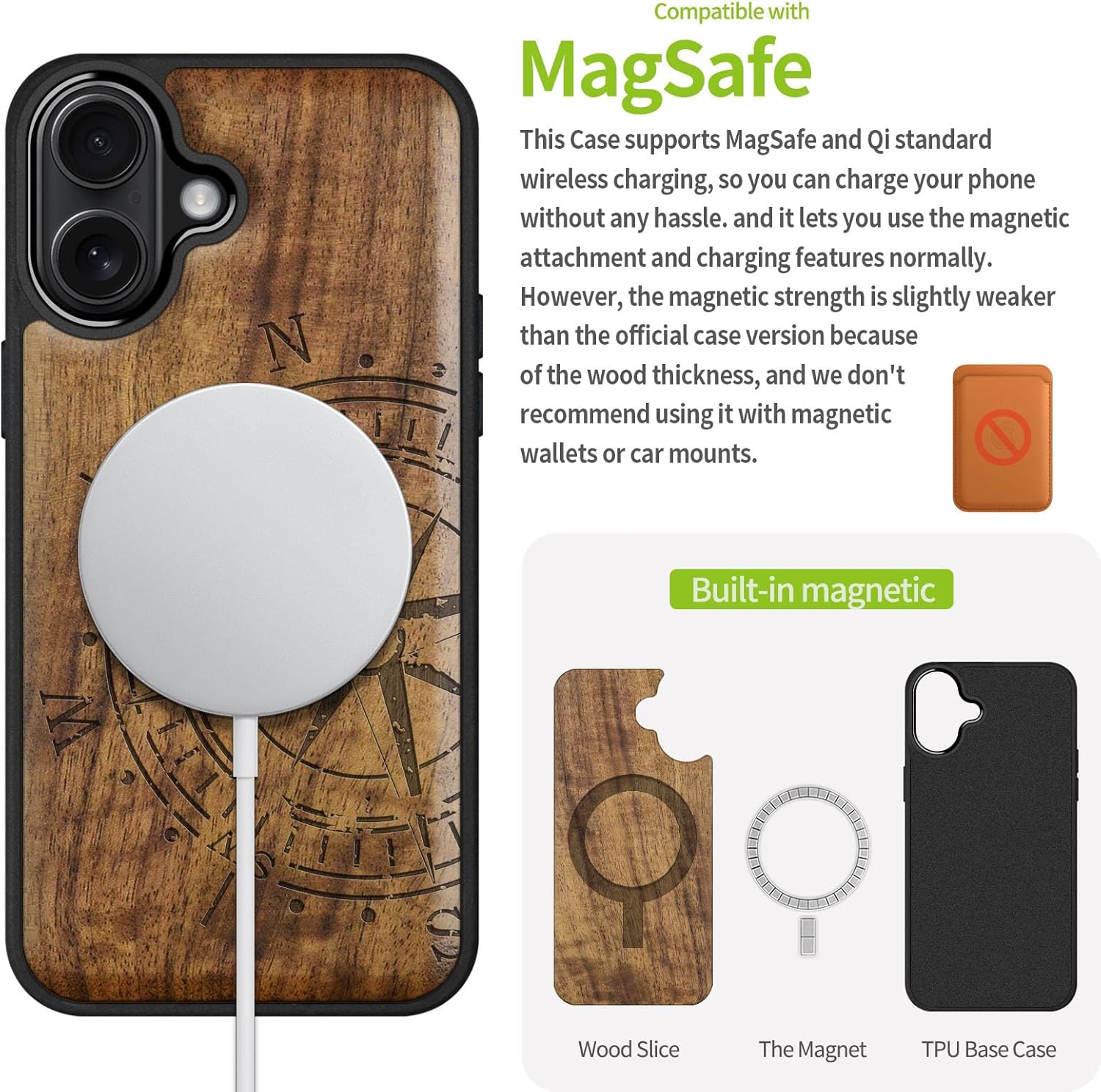 Carveit Magnetic Wooden Case for iPhone 16 Case, Wood Artisan Engraved & Black Soft TPU Shockproof Cover, Compatible with MagSafe Wireless Chargers (The Incomplete Compass) Walnut - Image 5