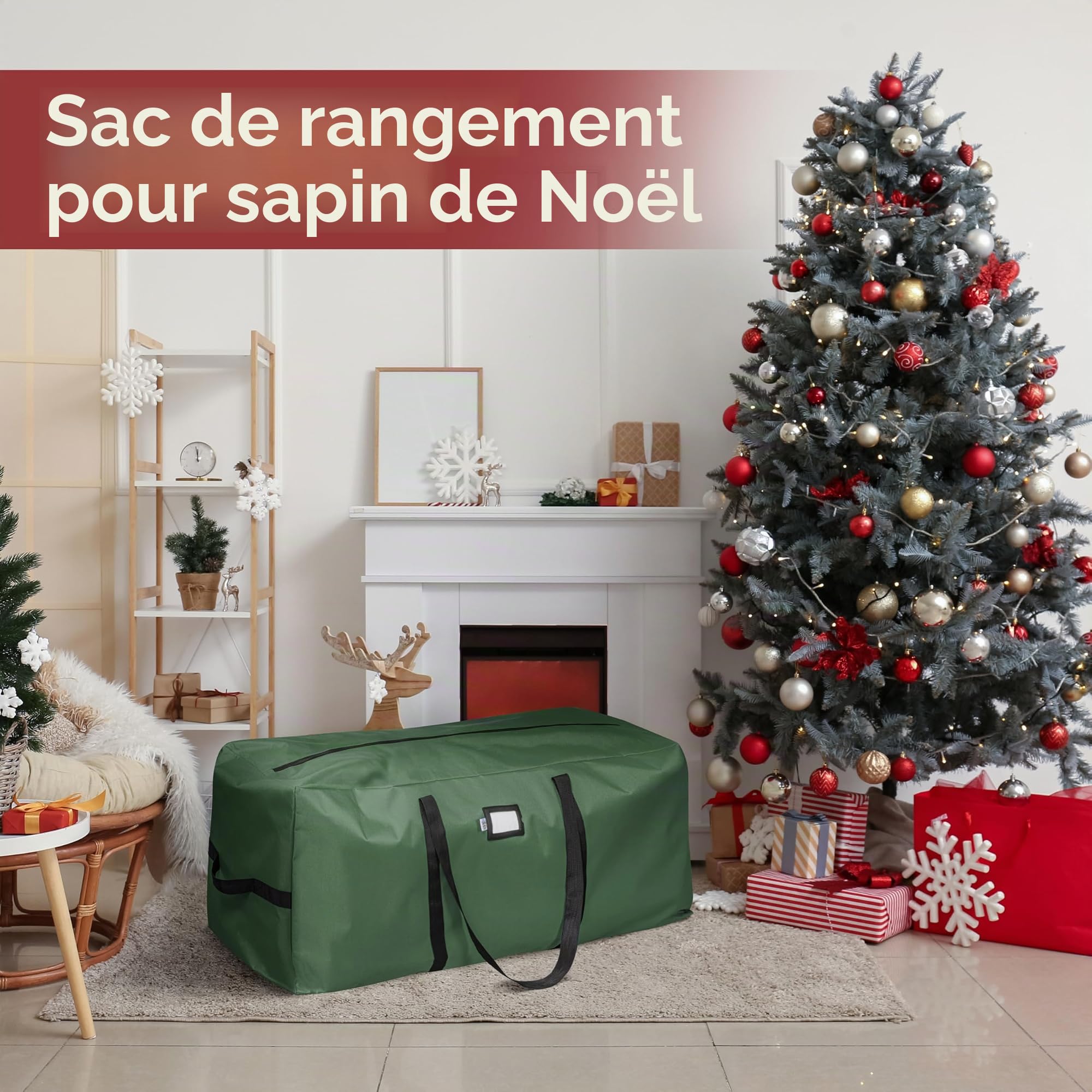 Holiday Cheer Sac de rangement pour sapin de Noël – Sac de rangement robuste pour sapin de Noël artificiel jusqu'à 2,3 m de haut, imperméable avec poignées durables et fermeture éclair – Sac de