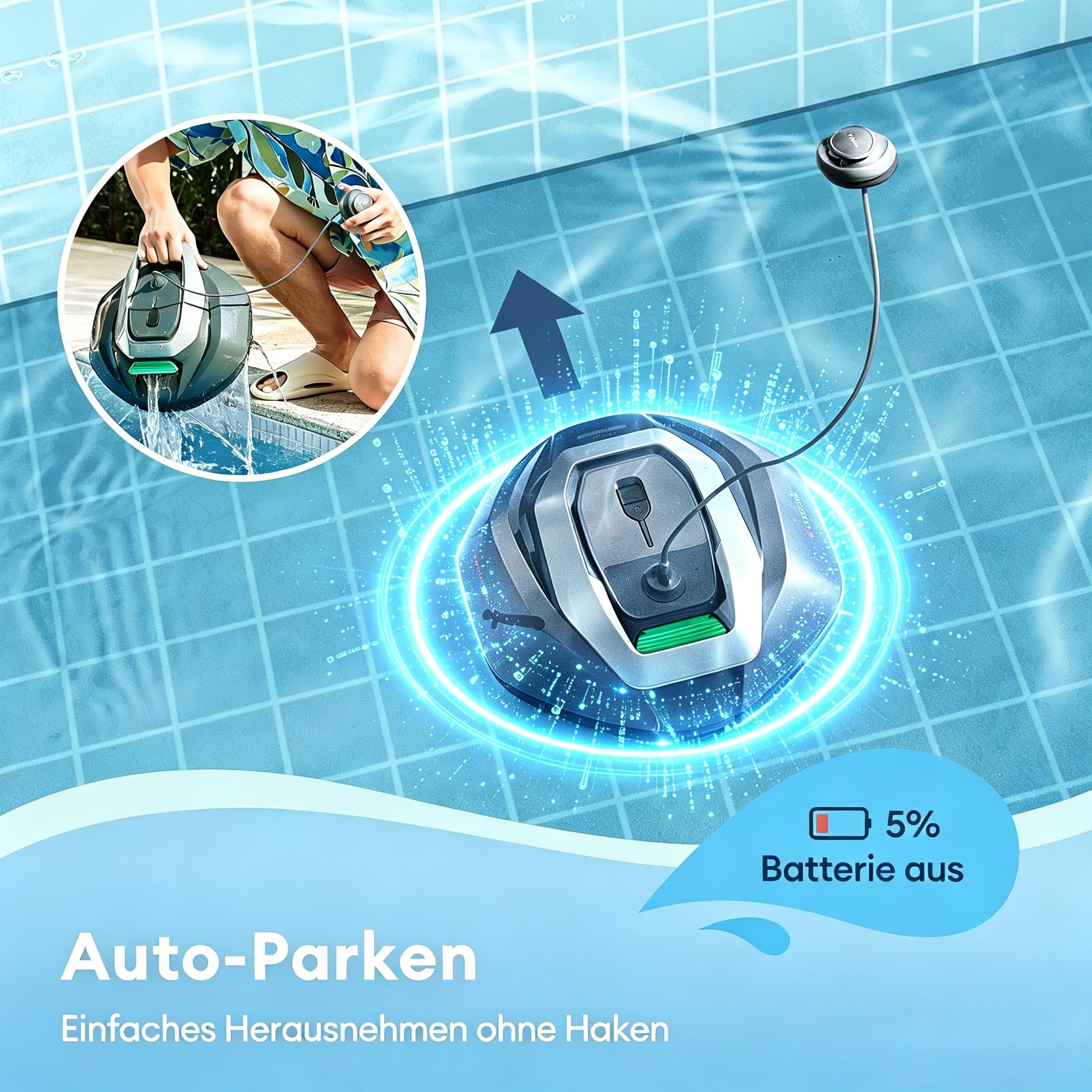 10s Poolroboter(2026 Upgrade), Poolroboter Akku mit 3 Motoren, 90Min für Pools bis 80 m², Fernbedienung und App-Steuerung, automatisches Parken, geeignet für Verschiedene Pooloberflächen