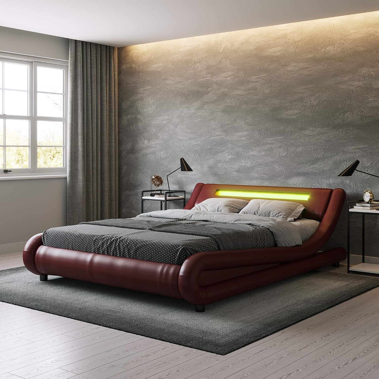 ZTOZZ Alvi Wave Like LED Bed Frame Queen Size - Contemporary Modern Curved PU upholstered Low Profile Platform Bed with Designer LED Lights headboard - Burgundy Color