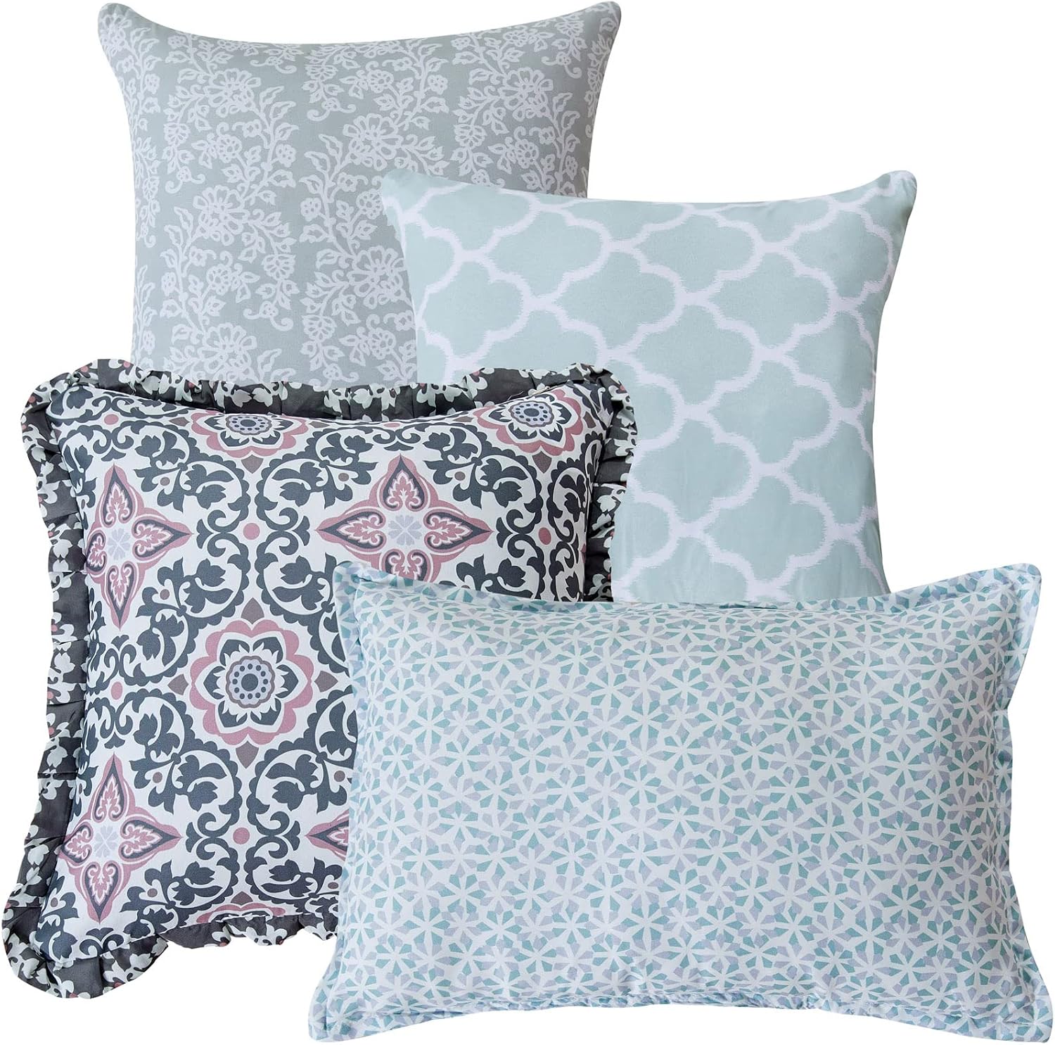 HESTIN Bedspread Plus Throw (10 Pieces Set), Lightweight Reversible Microfiber Quilted Coverlet with Floral Design for All Season, Mint Green Plant, Oversize (122" x 106")