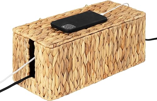StorageWorks Caja grande para organizar cables, organizador de cables de mimbre con 2 ranuras para ocultar cables y regleta de alimentación, caja