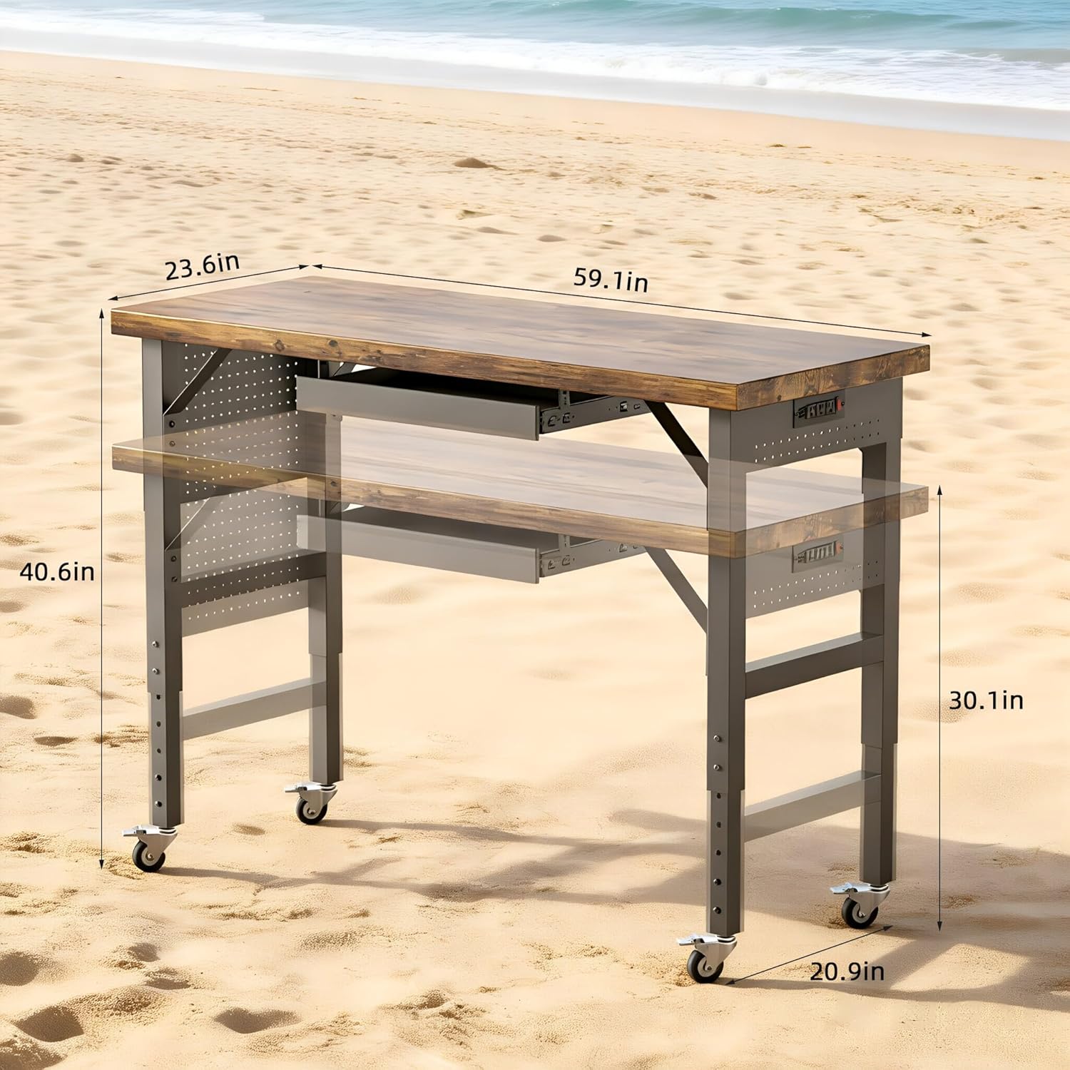 Heavy Duty Workbench Legs, Metal Table Legs Height Adjustable 27.5“ to 40.5”, Features Lockable Wheels, Power outlets, pegboard, and Drawers Enjoy The Fun of DIY Desk