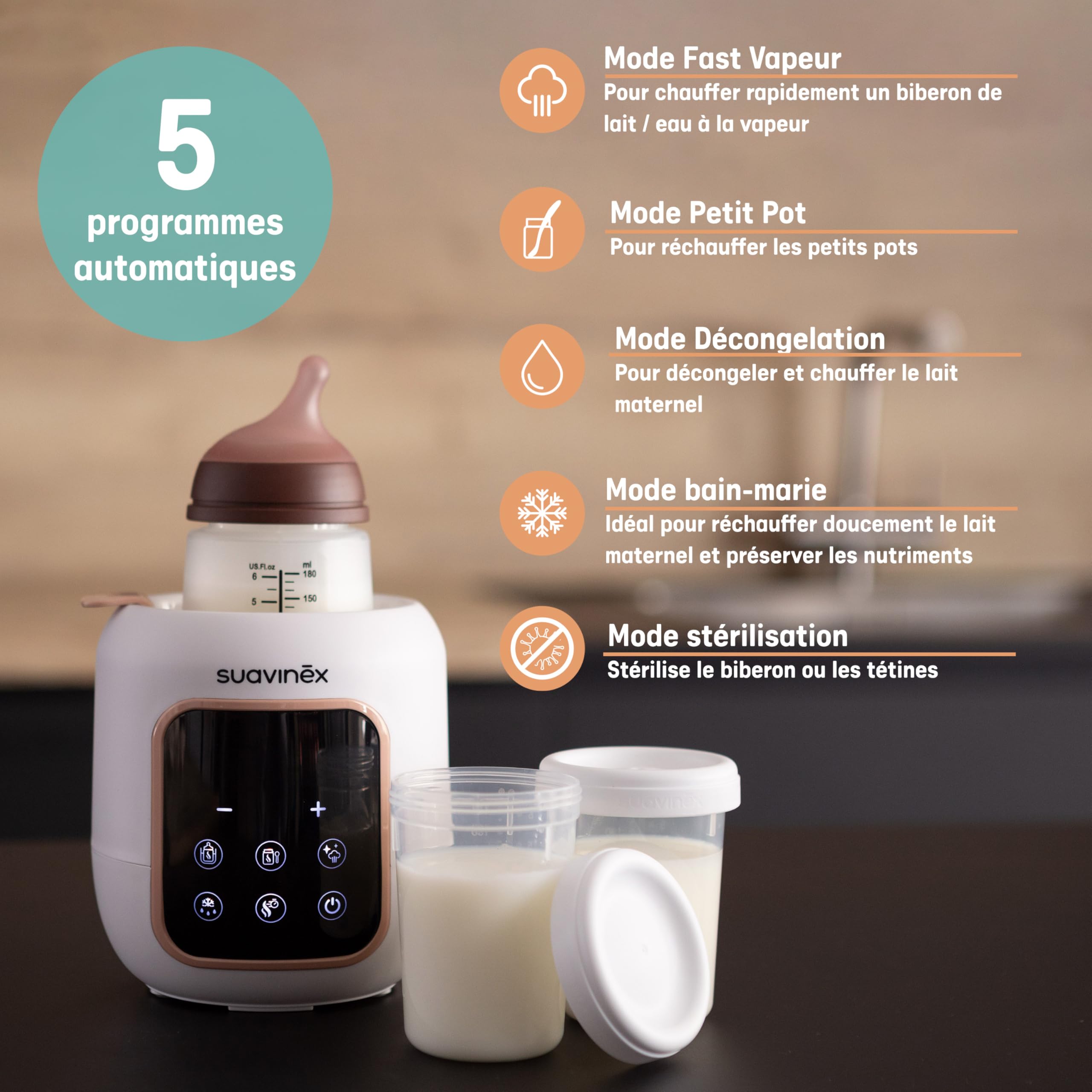 Suavinex, Chauffe-Biberon et Stérilisateur 2 en 1. 5 Modes : Décongelation, Mode Rapide, Chauffe Petit Pots, Bain-Marie et Stérilisation. Pour Lait Maternel ou en Poudre, Arrêt Automatique, Blanc