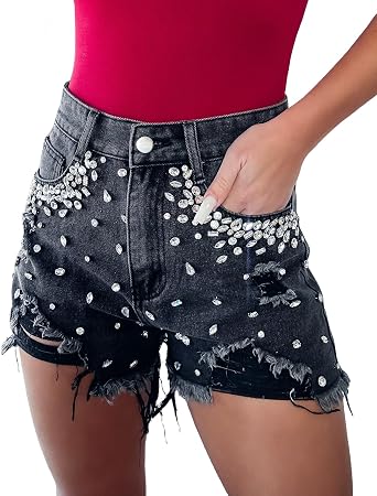 EZAPINE Womens Rhinestone Denim Shorts Summer High Waist Frayed Raw Hem Jeans Shorts