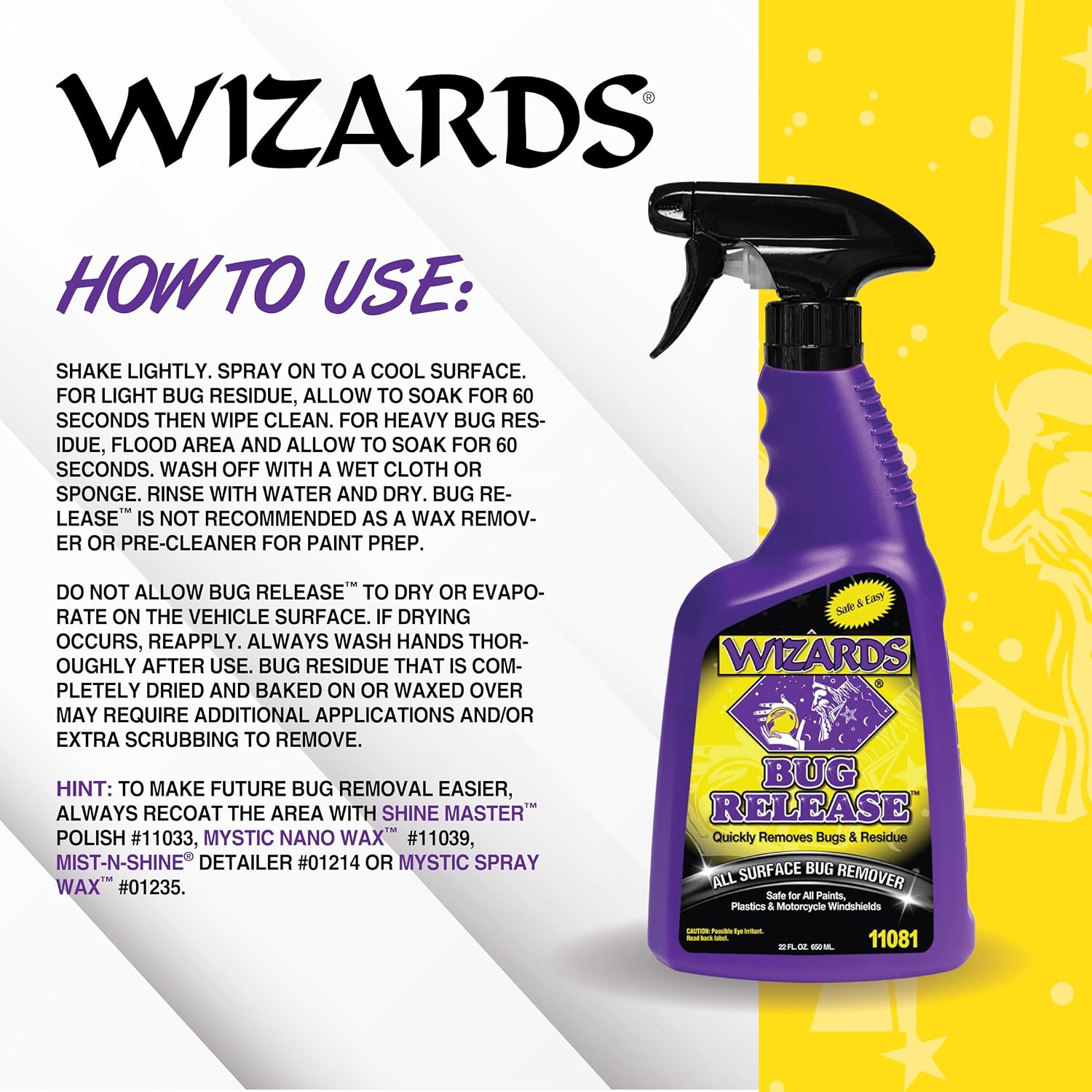 Wizards Bug Release - All Surface Bug Remover and Wash for All Vehicles - Softens and Neutralizes Acidic Bug Protein - Doubles as Spot Cleaner and Pre-Soak Car Cleaner - 22 Fl Oz (Pack of 2)