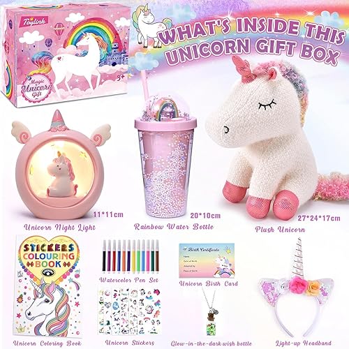 Miniatura 6 de Regalo de unicornio para niñas de 3, 4, 5, 6, 7, 8 años, con botella de agua de animales de peluche, collar de luz nocturna, diadema, bolígrafo de