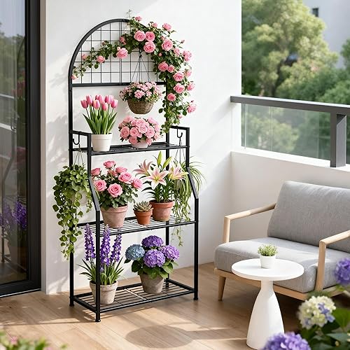 Miniatura 3 de Soporte de plantas de 3 niveles para interiores y exteriores, soporte de exhibición de plantas de metal con estante para múltiples plantas, soporte
