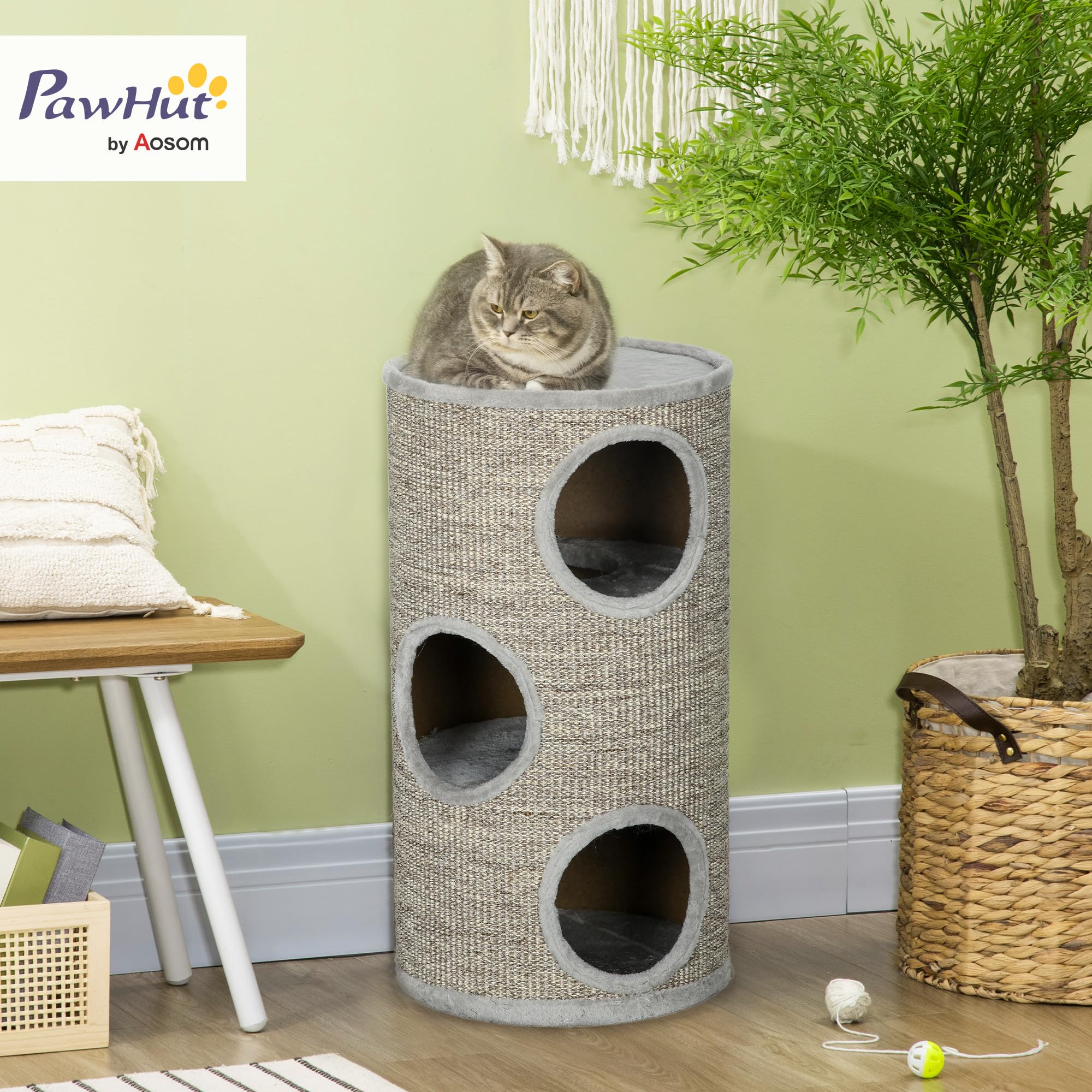 PawHut Barril Rascador para Gatos de 3 Niveles Torre Rascador para Gatos con 3 Entradas y Cubierta de Sisal Ø38x70 cm Gris Claro