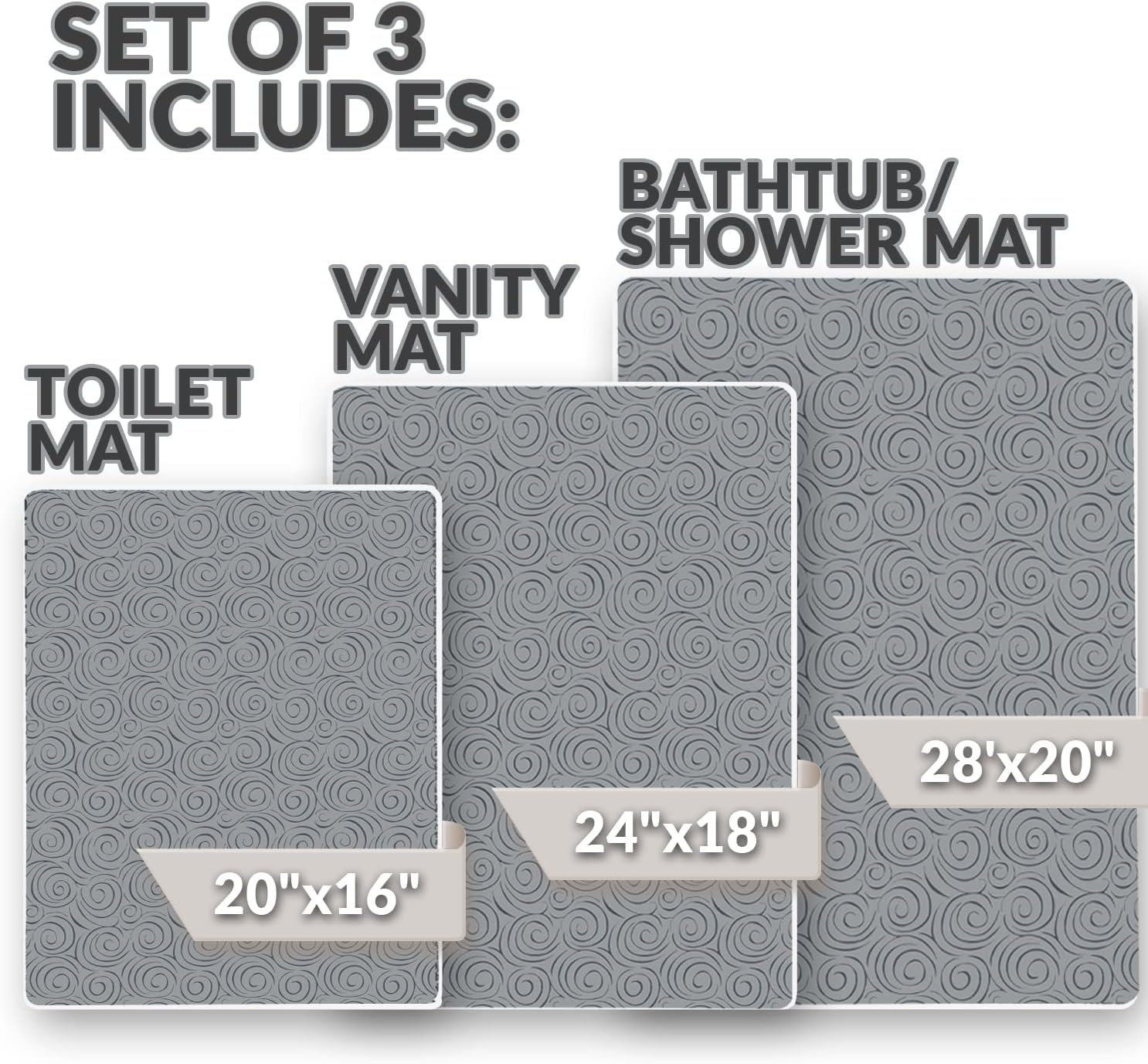 Shape28 Bathroom Set of 3 Mats Bathtub Shower 28x20 Inches Vanity 24x18 Inches Toilet 20x16 Inches Microfiber None Slip in Gray Color Design 4T