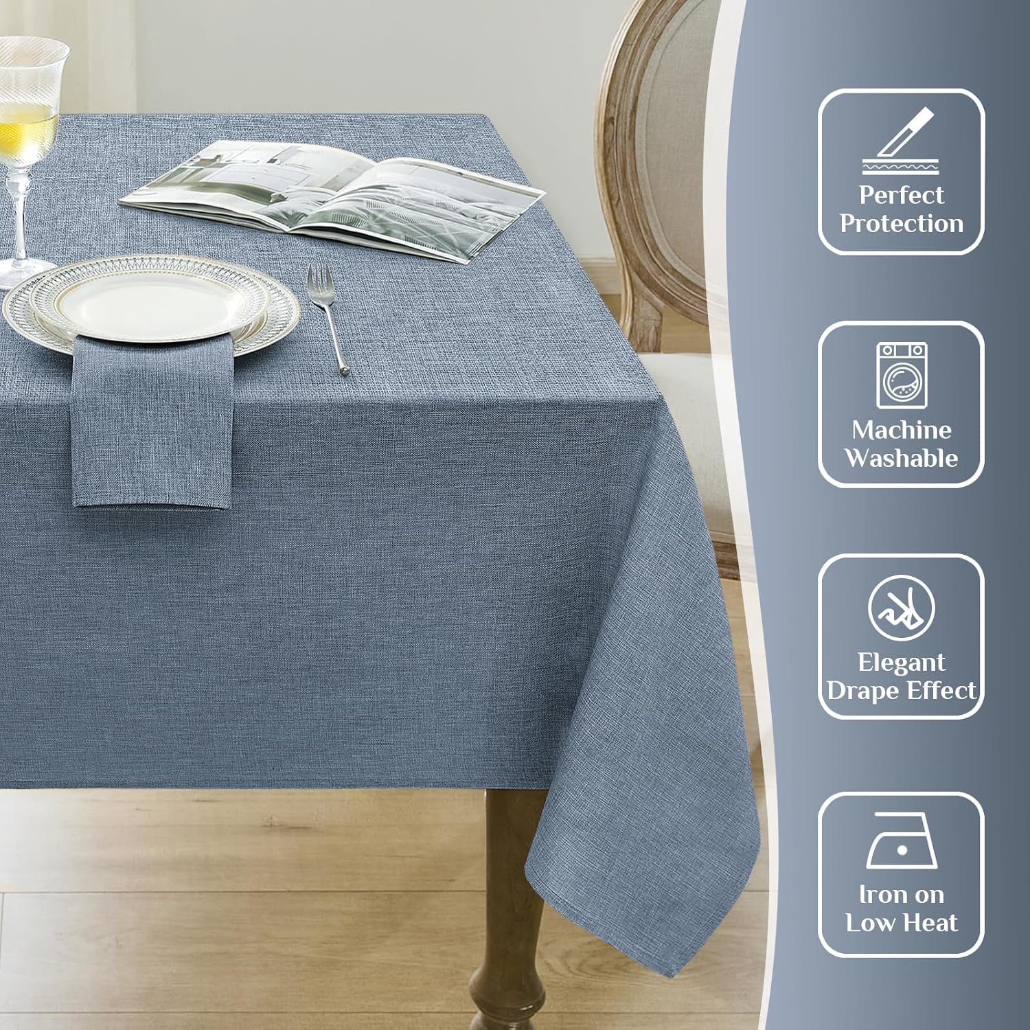 Softalker Large Blue Tablecloth Rectangular 104 x 60 Inch Linen Textured Outdoor Table cloth Stain and Wrinkle Resistant Table Cover for Spring,Easter,Summer,Party,Garden,Coffee Vintage Decor Tabletop