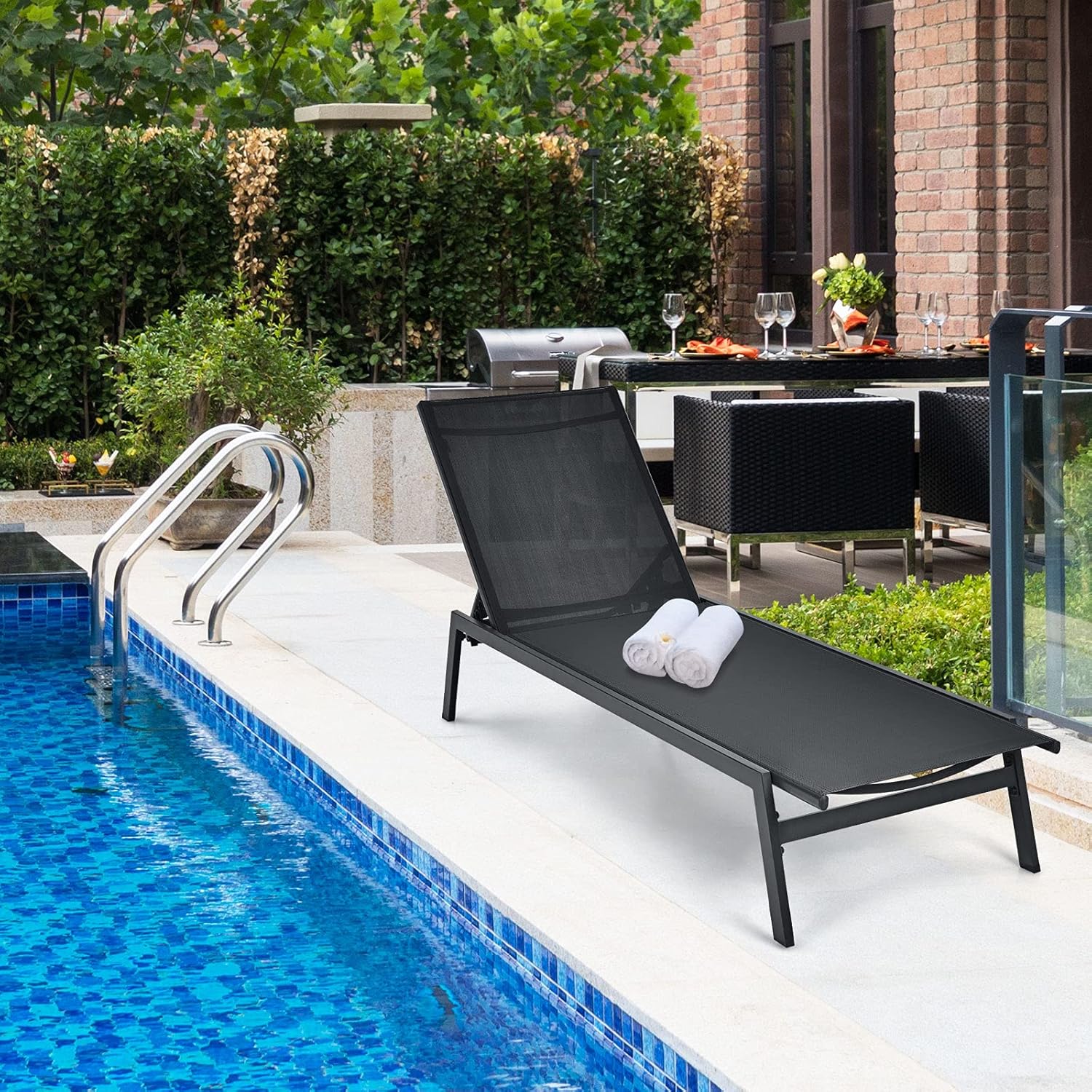 Giantex Chaise Lounge Chair Patio Chaise Lounger with 6-Position Adjustable Backrest and Breathable Fabric, Outdoor Recliner for Patio, Poolside, Backyard and Garden (1, Black)