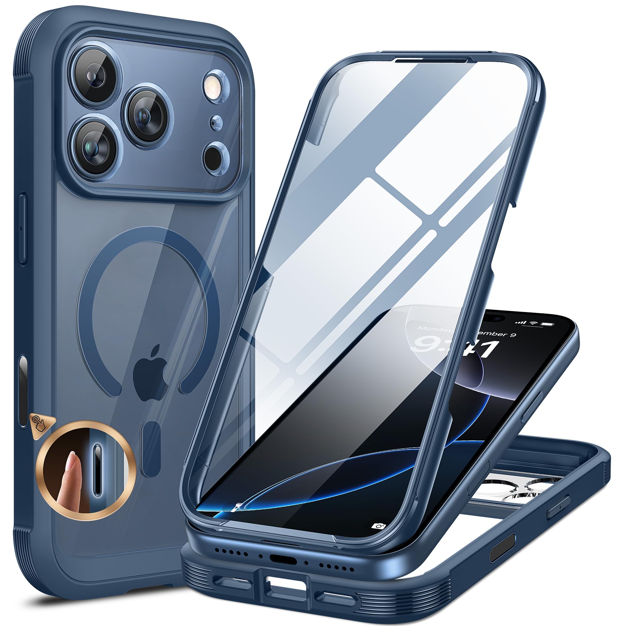 Miracase für iPhone 17 Pro Max Hülle für MagSafe, 360° Ganzkörper-Stoßfest | mit Blasenfrei Kratzfest Glas-Bildschirmschutz und Vollständiger Kameraschutz, Magnetisch Handyhülle für 17 Pro Max,6.9",Blau