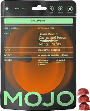 Mojo Focus Gummies Extra Strength with Lion's Mane Mushroom, Cordyceps & Panax Ginseng. Mushroom brain supplement for adults with memory, energy & mental clarity support. Strawberry Tangerine (1 Pack)
