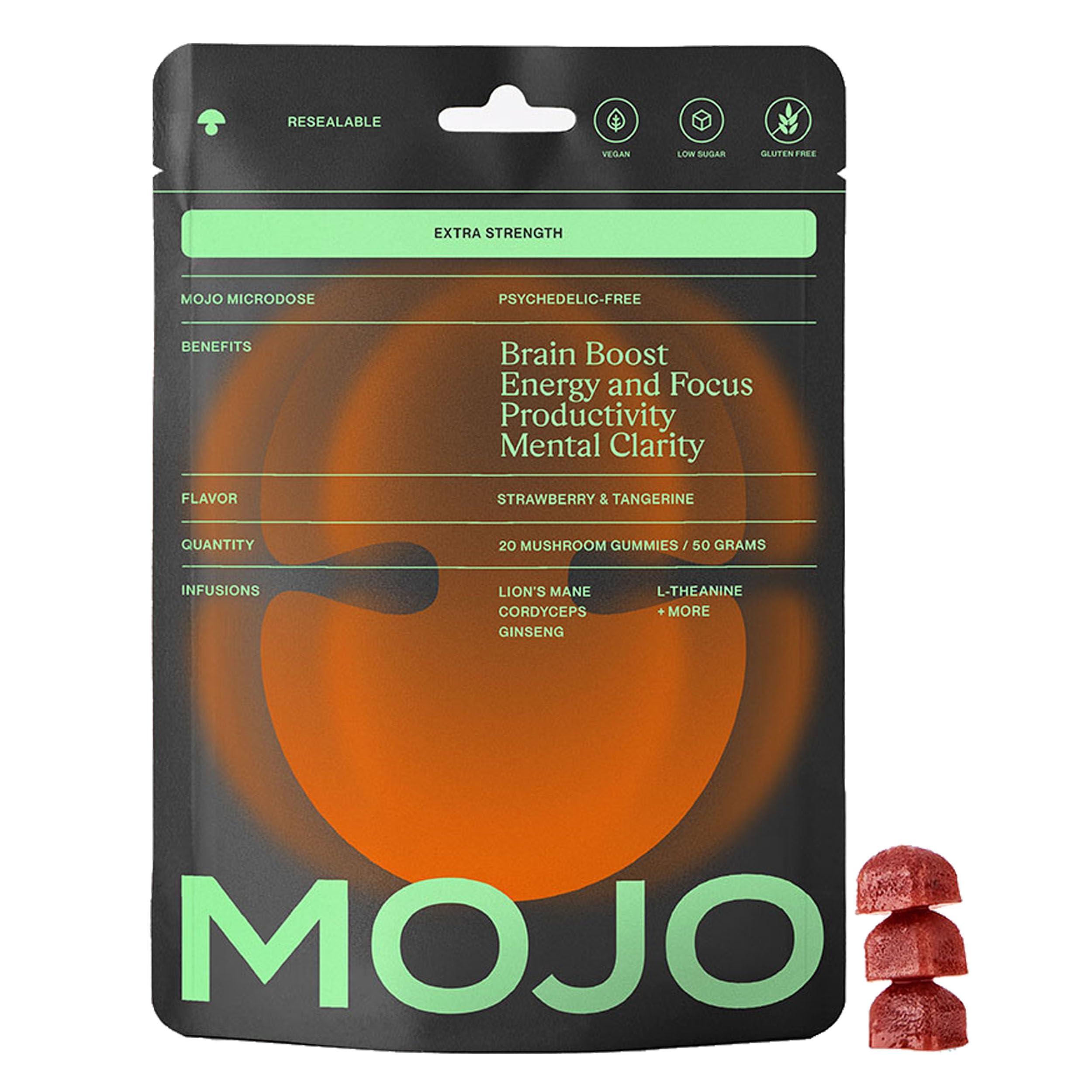Mojo Suplemento Fitoterápico em Gomas com Cogumelo Juba-de-Leão, Cordyceps e Panax Ginseng, sabor morango e tangerina, 1 unidade