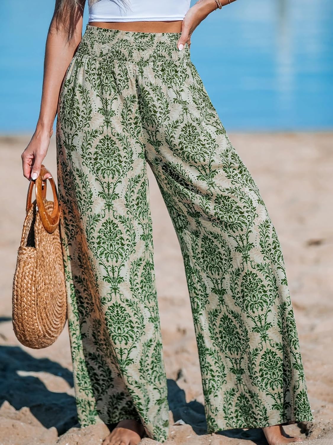 CUPSHE Womens Wide Leg Pants Elastic High Waisted Beach Trousers Cotton Linen Summer Palazzo - Image 5