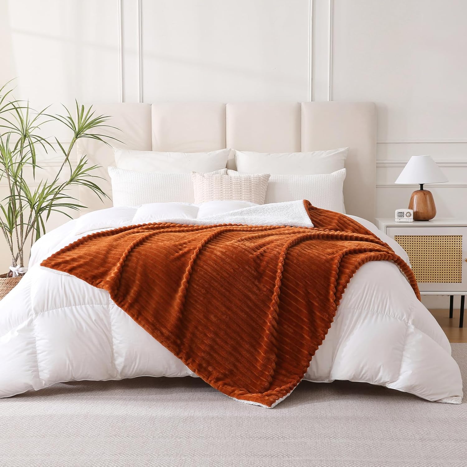 Burnt Orange Sherpa Fleece Throw Blanket 50”×60” for Couch Sofa Bed,Double Side Soft Fuzzy Cozy Plush Thick Flannel Blanket with Striped Design Gift for Mother Woman - Image 4