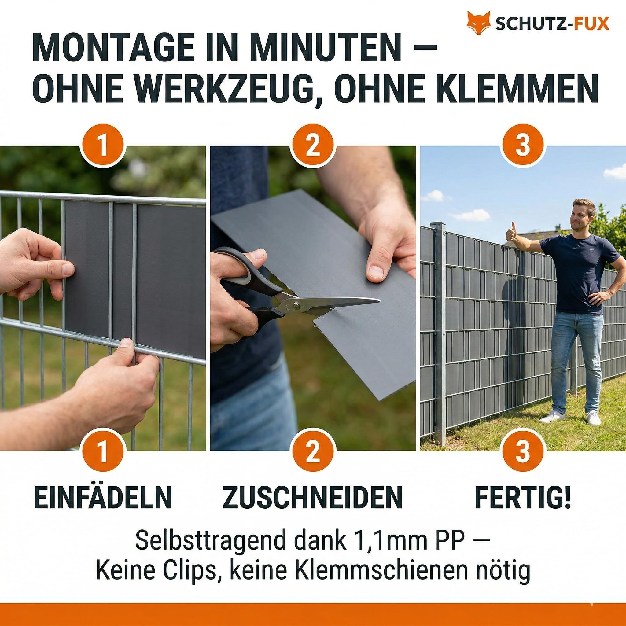 Sichtschutzstreifen (10 Stück) 253cm x 19,1cm Anthrazit RAL 7016 – 1,1mm Dick, UV-Stabil & Selbsttragend Ohne Klemmen – Für Doppelstabmattenzaun – Made in Germany