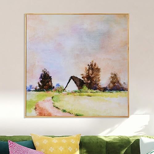 Creative Co-Op Impresión de acuarela pastoral cuadrada de 31.5 pulgadas sobre lienzo en marco de madera