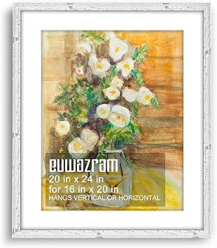Rustic White 20x24 Frame - Single Frame, 20 x 24 Poster Frame with Mat for 16x20, Picture Frames for Artwork, Puzzles, Photos and Movie Posters