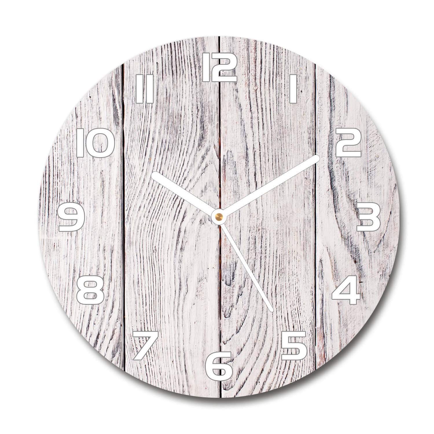 Horloge en verre rond 30cm Tulup motif mur en bois chic avec aiguilles blanches