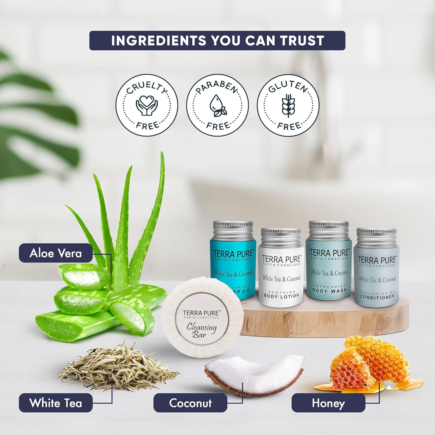 Terra Pure White Tea and Coconut | 75 pcs 1oz Shampoo and Conditioner, Body Wash, Lotion, 1.25oz Cleansing Bar and 100 pcs Bar Soap