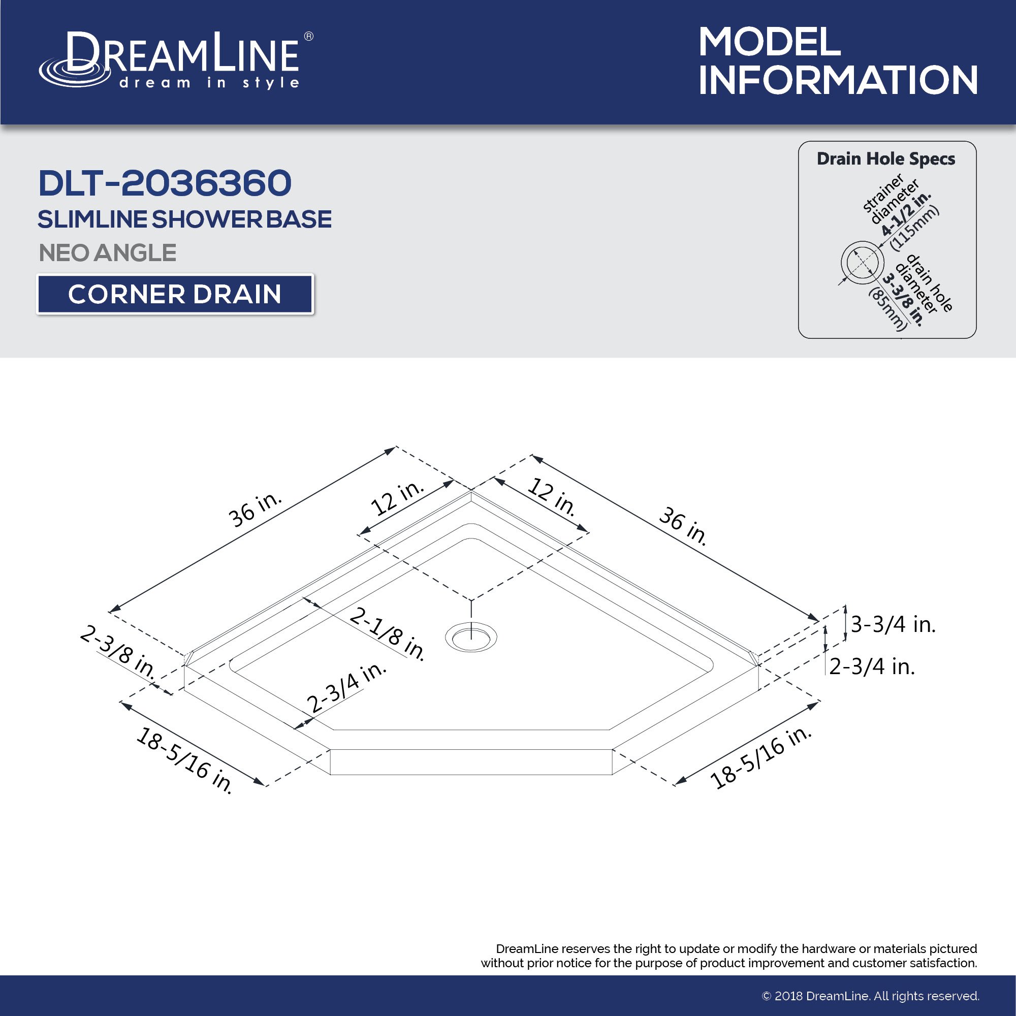 DreamLine 36 in. x 36 in. x 76 3/4 in. H NeoAngle Shower Base and