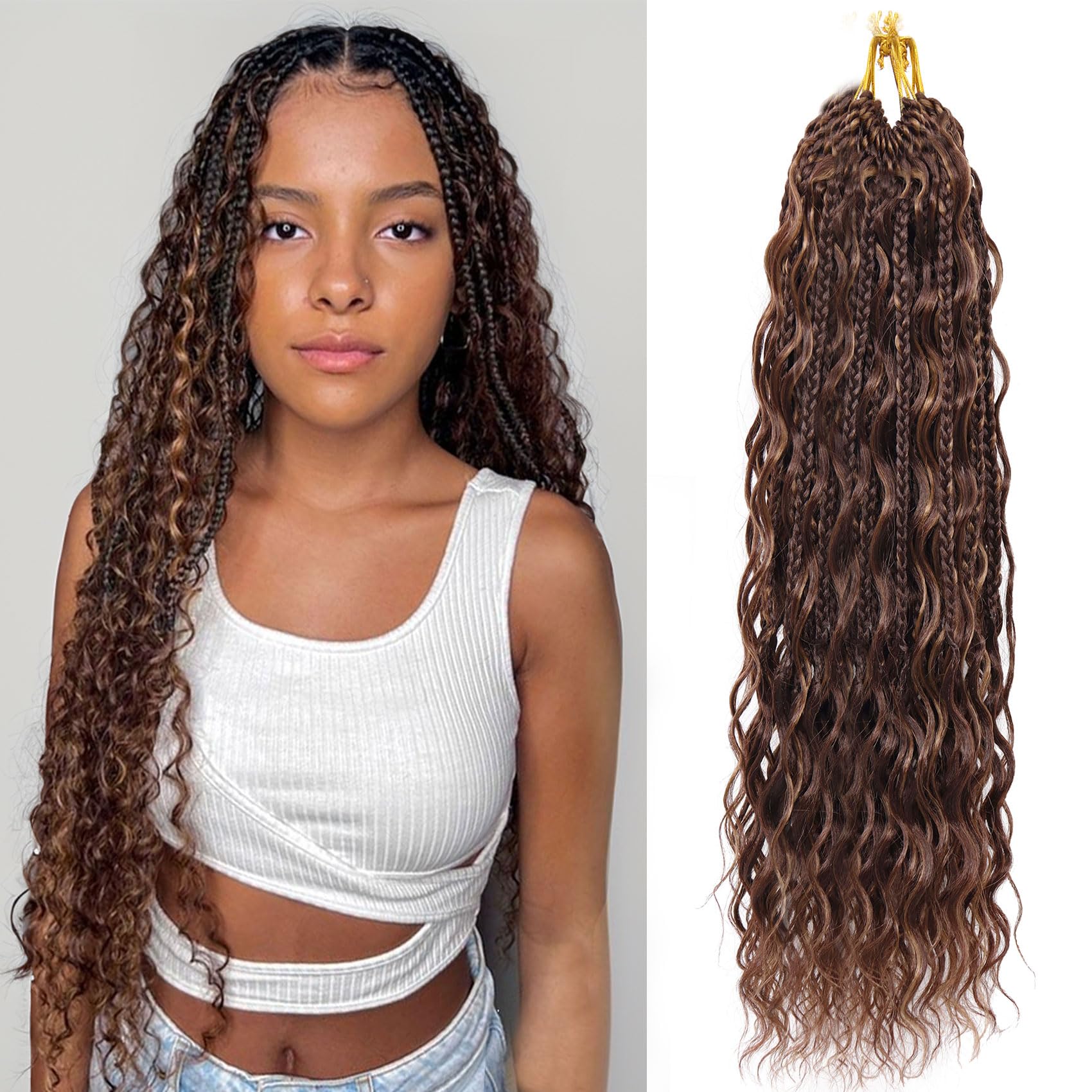 LIYATE P4/30 Brown Goddess Bohemian Crochet Box Braids 24 Inch 7 Packs Boho Crochet Hair for Women Pre Looped Gypsy Braids Synthetic Braiding Hair