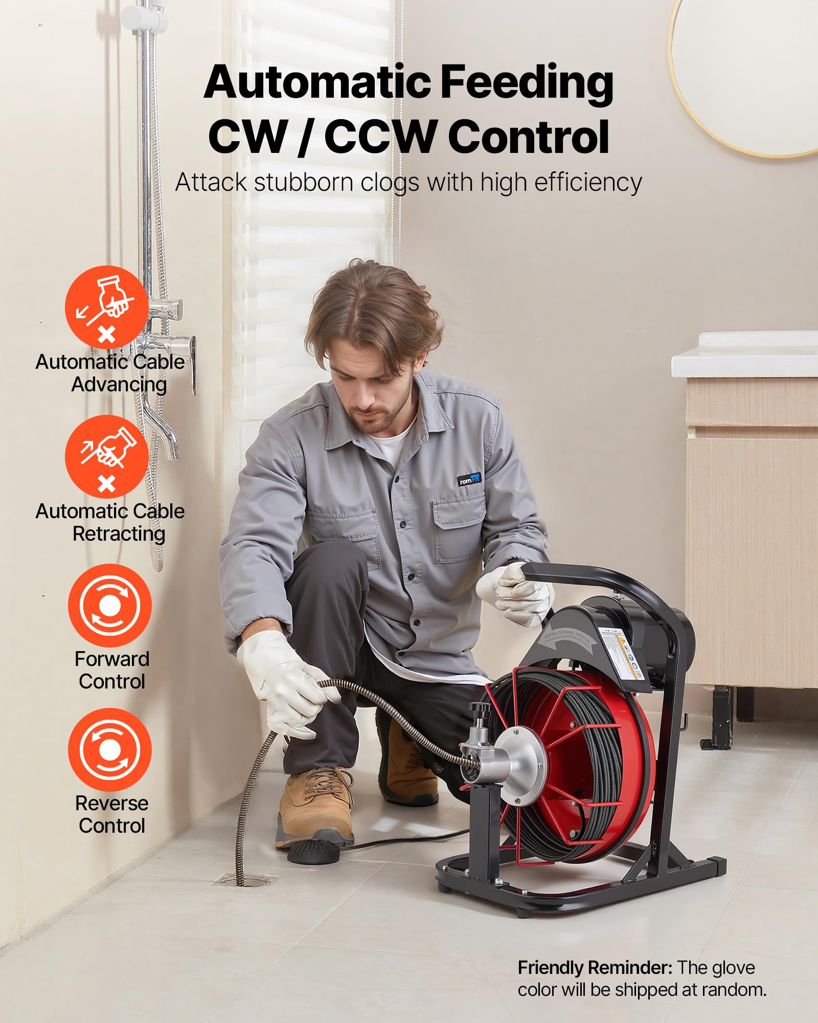 VEVOR Desatascador de Desagües Eléctrico 15m x 8mm Máquina de Limpieza de Tuberías con Alimentación Automática Interruptor de Pedal Neumático Limpiador de Tubos de Drenaje para Tuberías de 5-10 cm