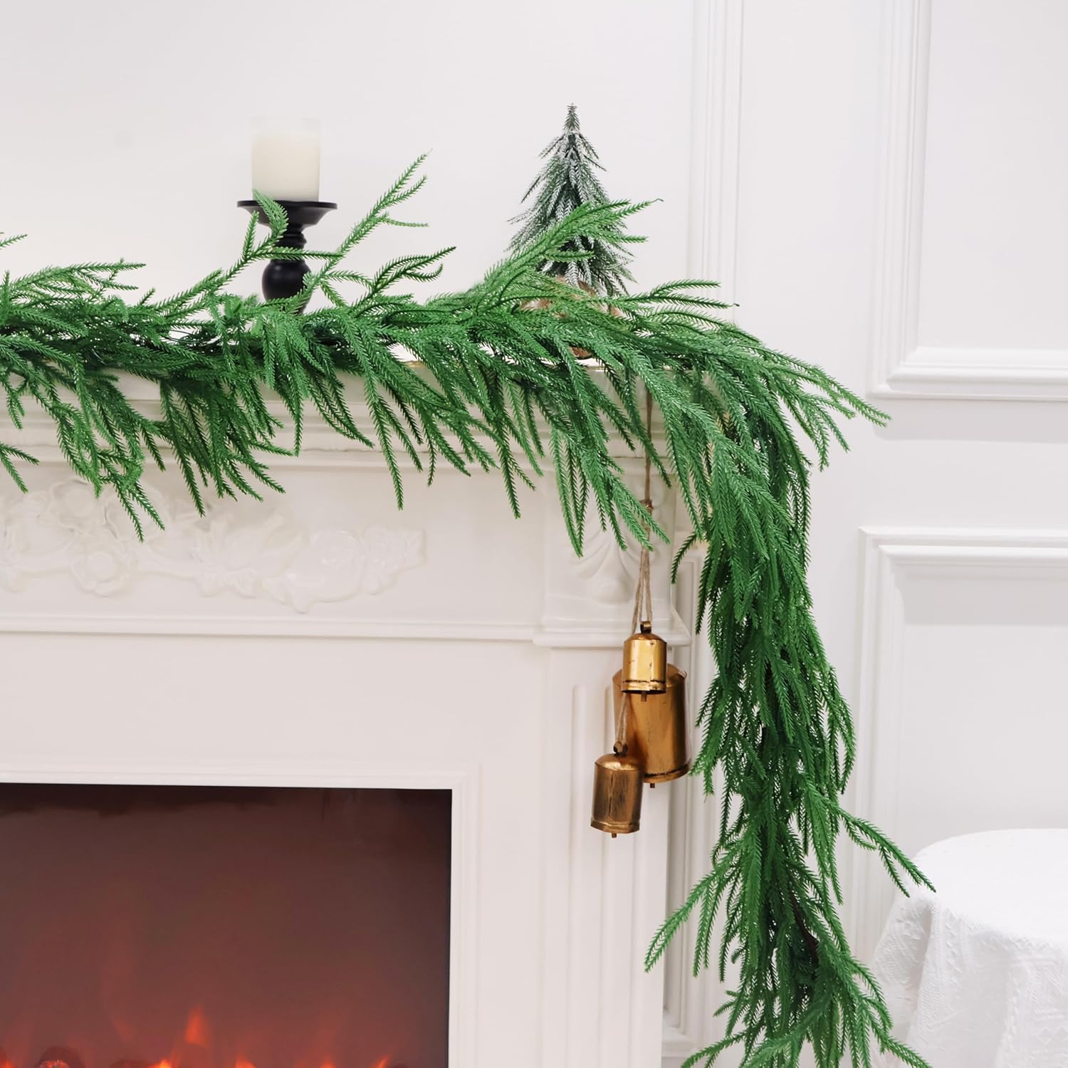 2PCS 9FT Christmas Garland Norfolk Pine Garland Real Touch Artificial Greenery Garland for Mantle Fireplace Table Indoor Outdoor Decor (Normal) 9FT Normal 2