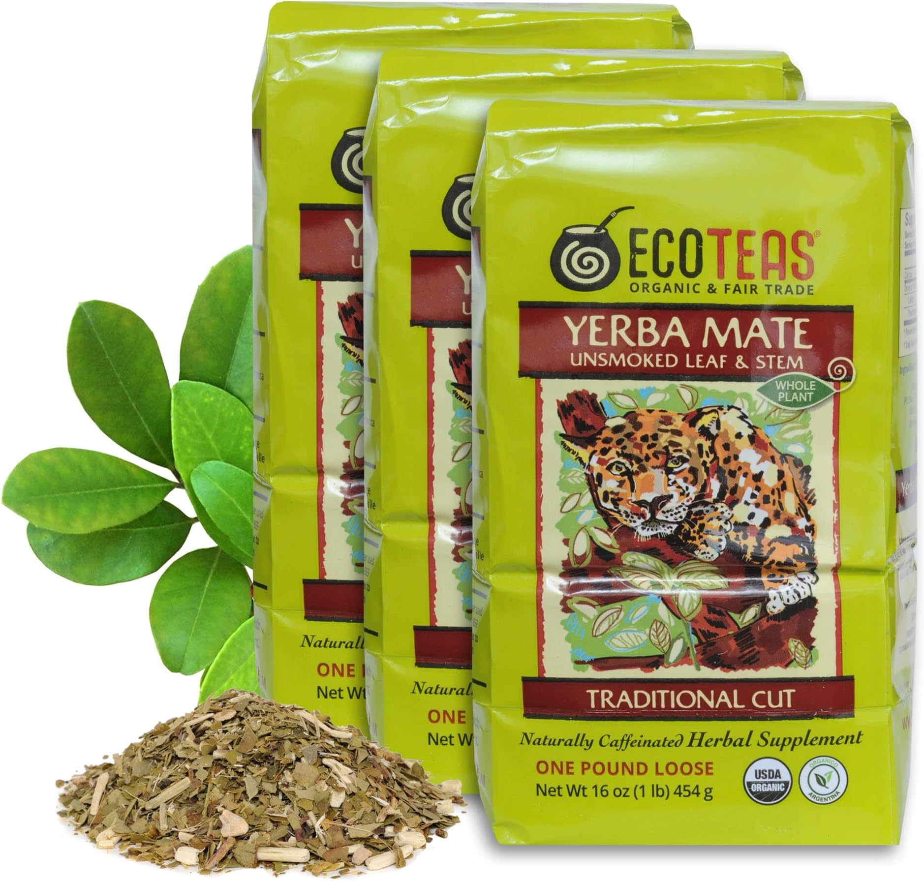 Organic Yerba Mate Loose Leaf Tea – Unsmoked (Air Dried) Traditional Cut – 1 lb – From Argentina – Kosher, Non-GMO, Gluten-Free (Pack of 3)